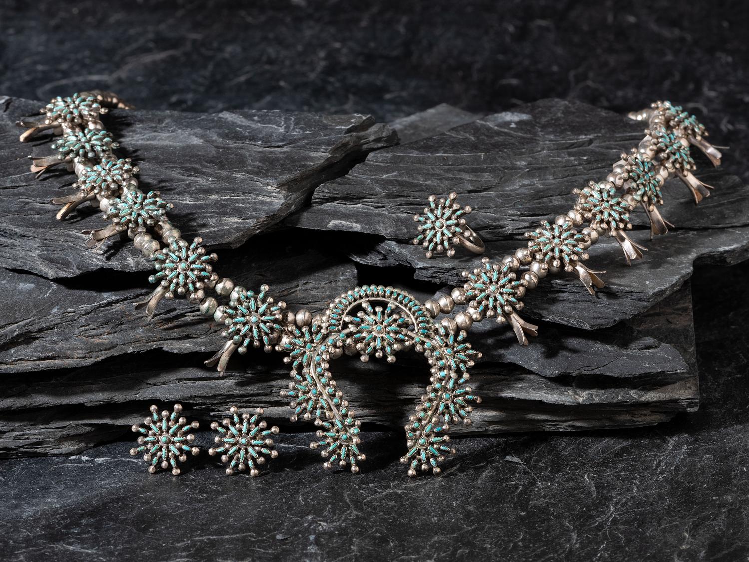 Zuni Petit Point Turquoise Squash Blossom Necklace, Ring, and Earring Set