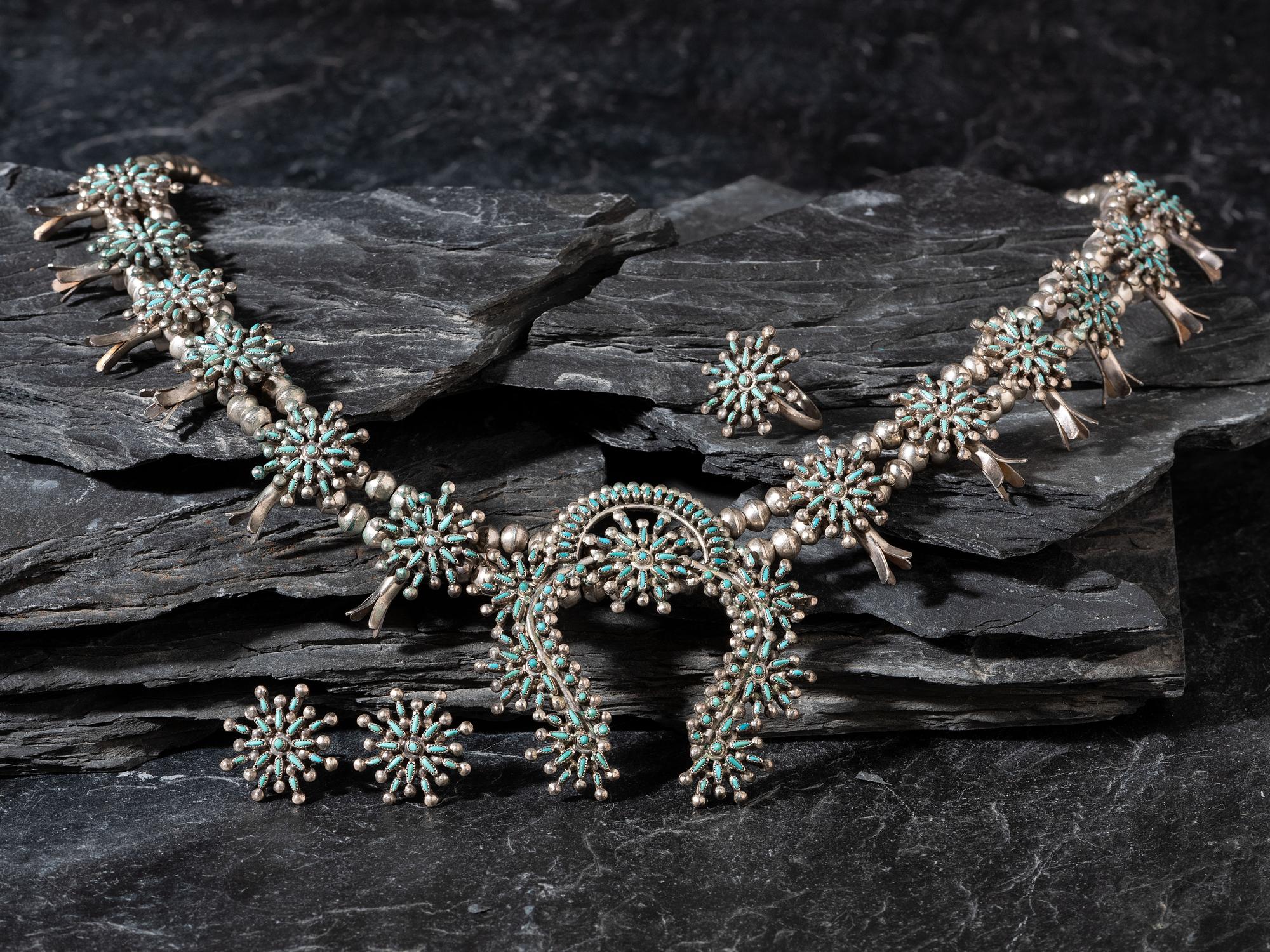 Zuni Petit Point Turquoise Squash Blossom Necklace, Ring, and Earring Set