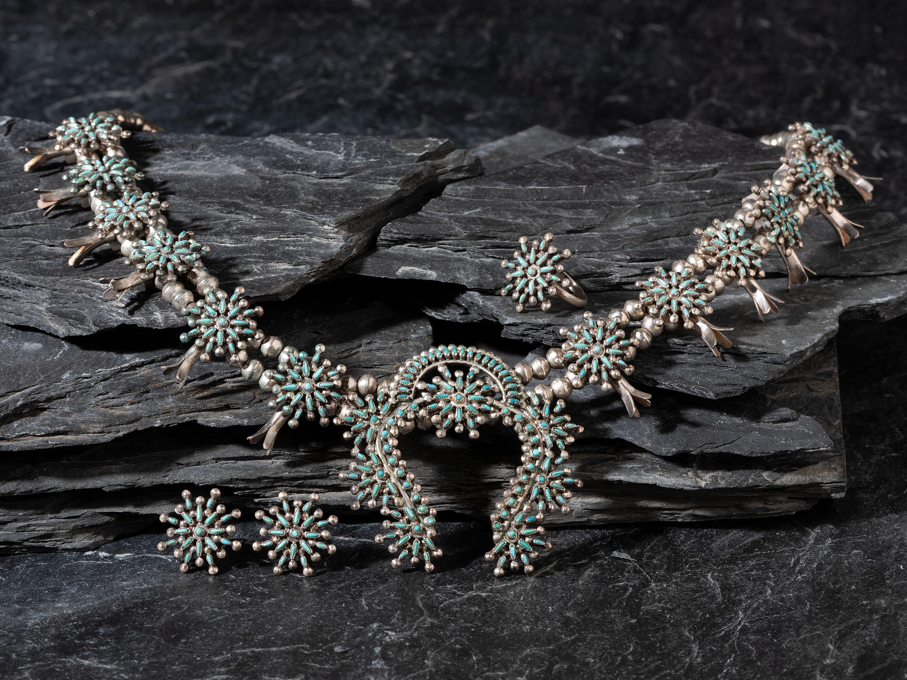 Zuni Petit Point Turquoise Squash Blossom Necklace, Ring, and Earring Set