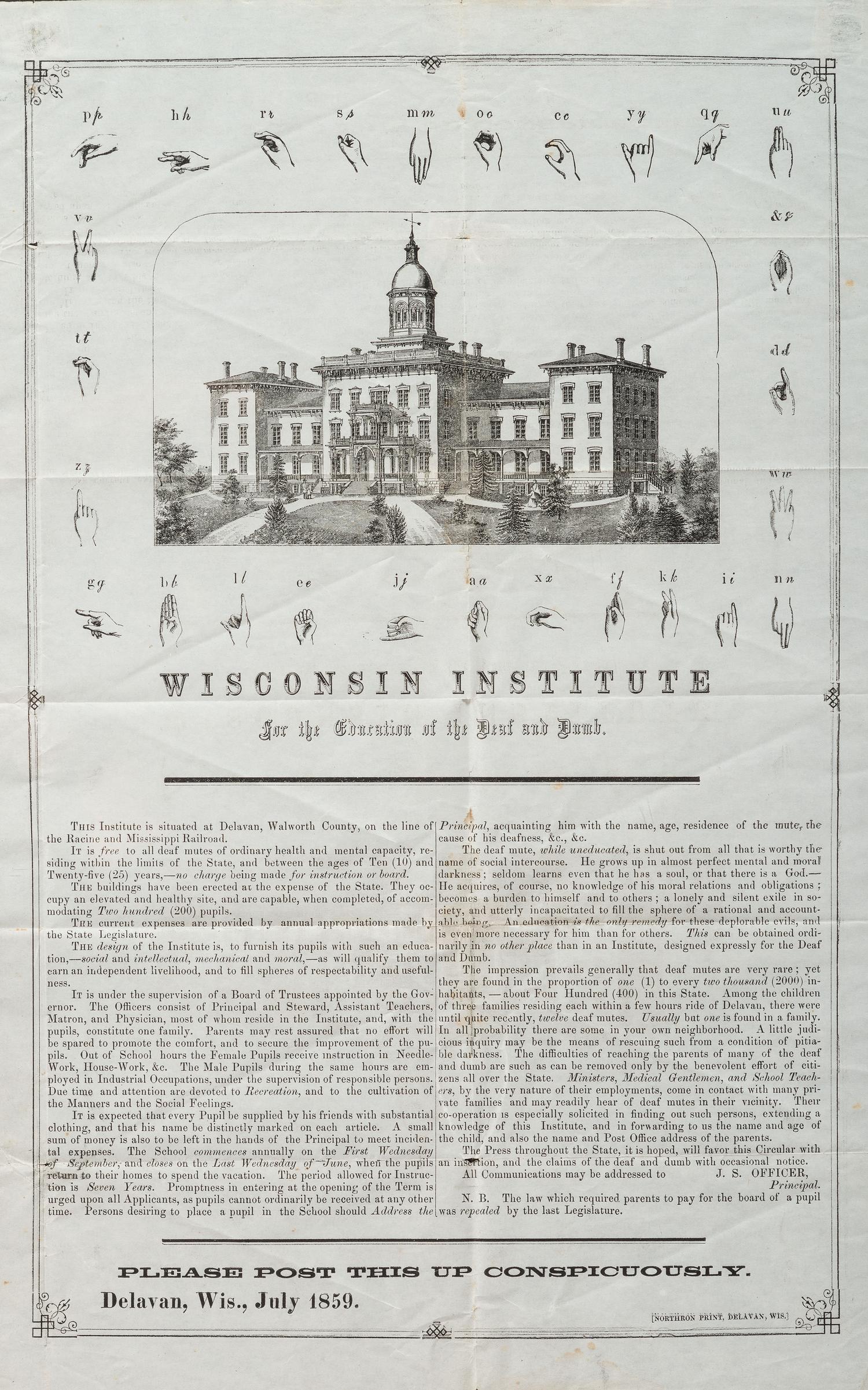 [EDUCATION]. Wisconsin Institute for the Charities of the Deaf and Dumb. Delavan, WI: Northron Print, July 1859.
