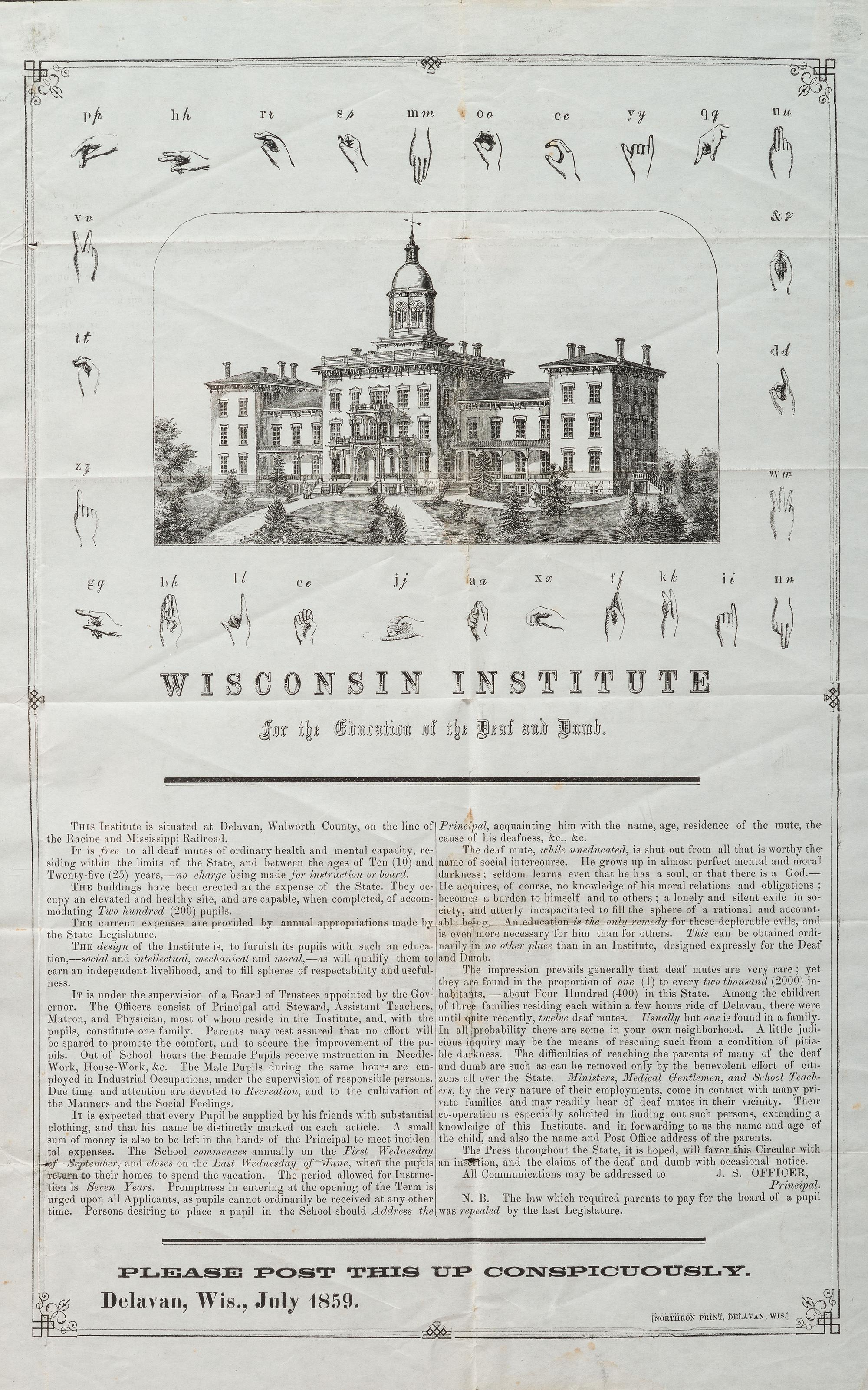 [EDUCATION]. Wisconsin Institute for the Charities of the Deaf and Dumb. Delavan, WI: Northron Print, July 1859.
