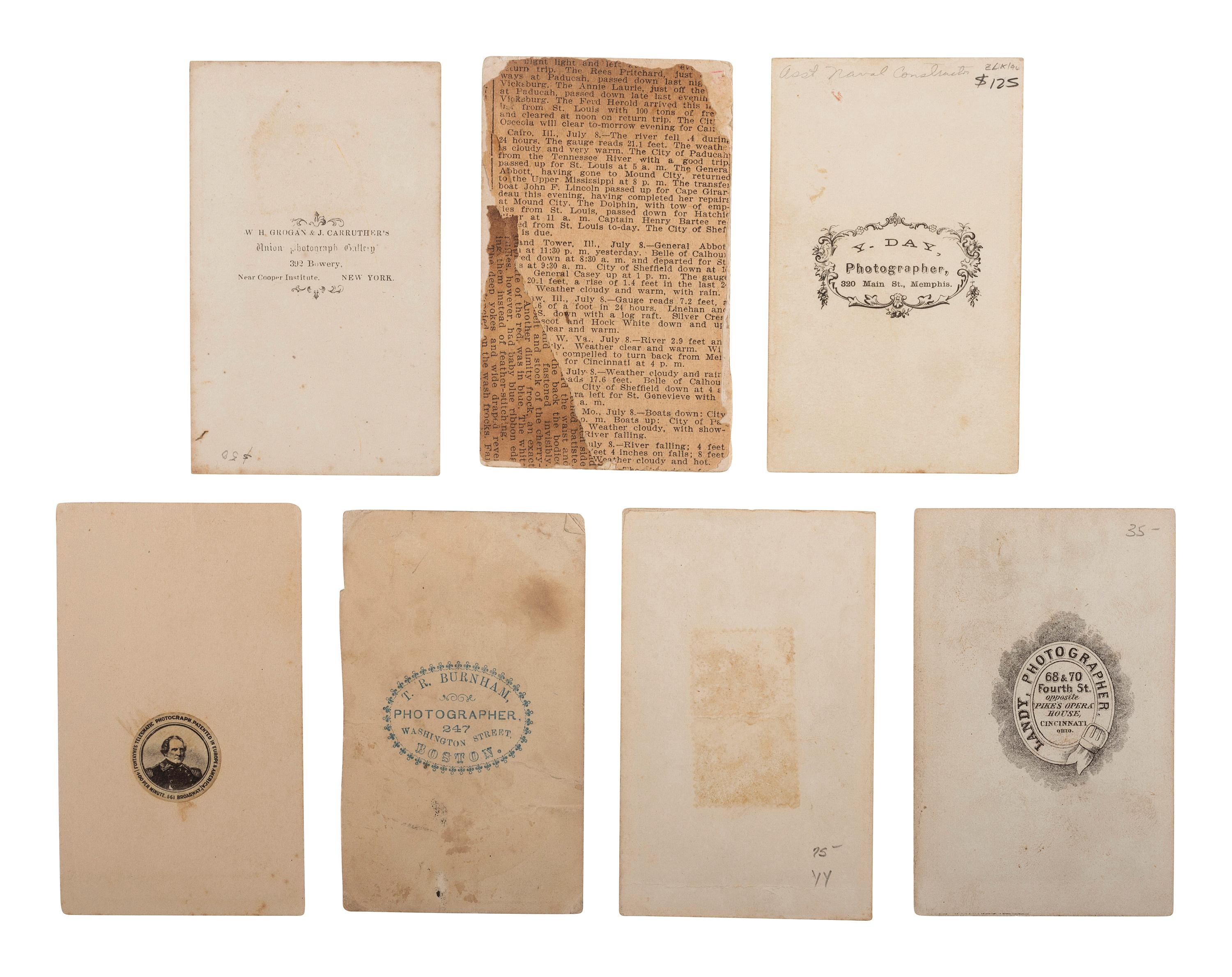 [CIVIL WAR]. A group of 7 photographs of unidentified naval officers, incl. 2 with Brown Water Navy imprints, comprising: