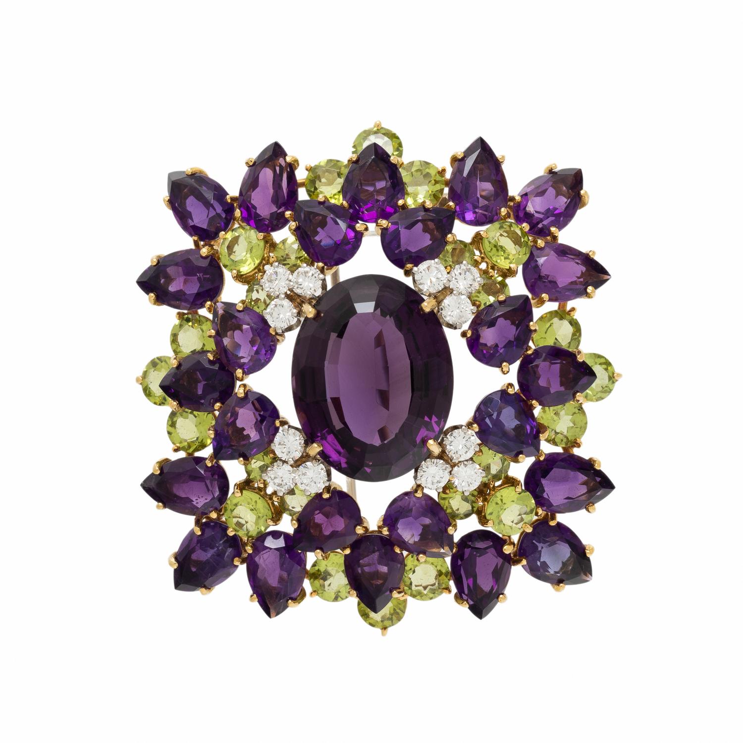 AMETHYST, PERIDOT AND DIAMOND BROOCH