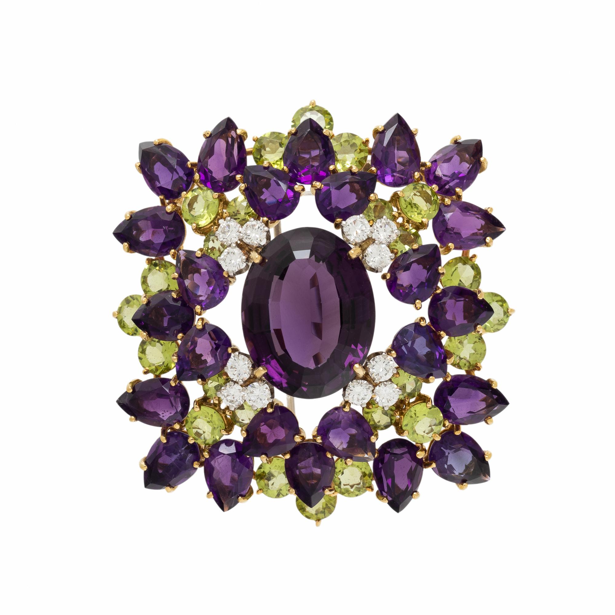AMETHYST, PERIDOT AND DIAMOND BROOCH