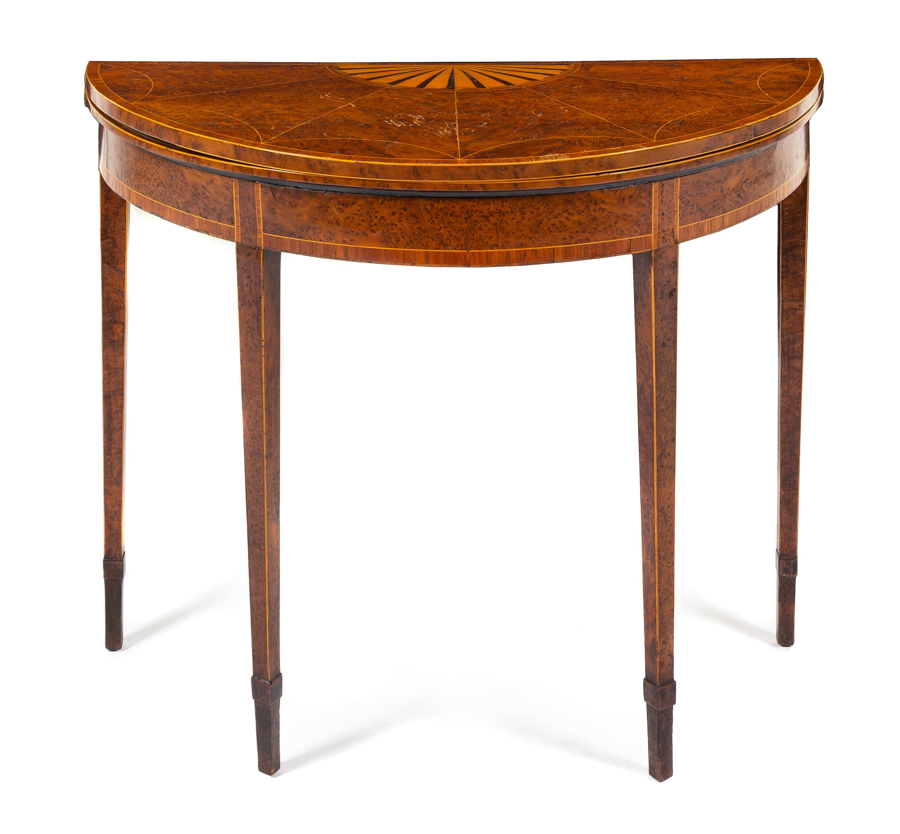 A George III Burl Walnut and Satinwood Marquetry Flip-Top Table