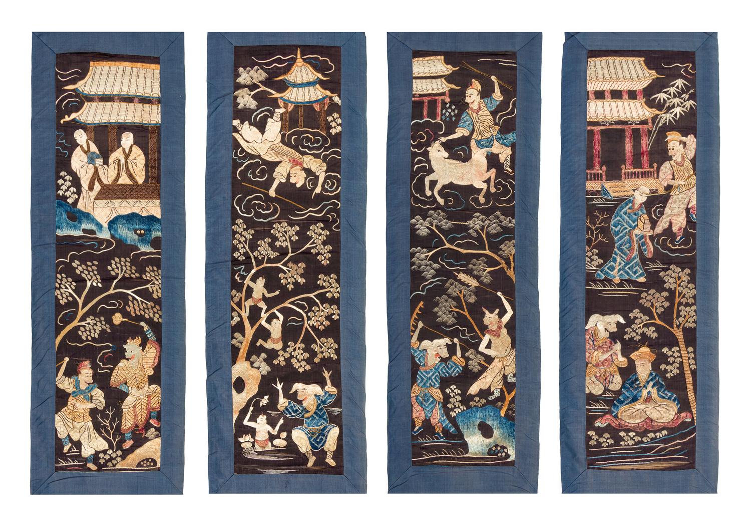 Four Chinese Embroidered Silk Panels 32 1/2 x 8 inches (each) — LATE QING DYNASTY