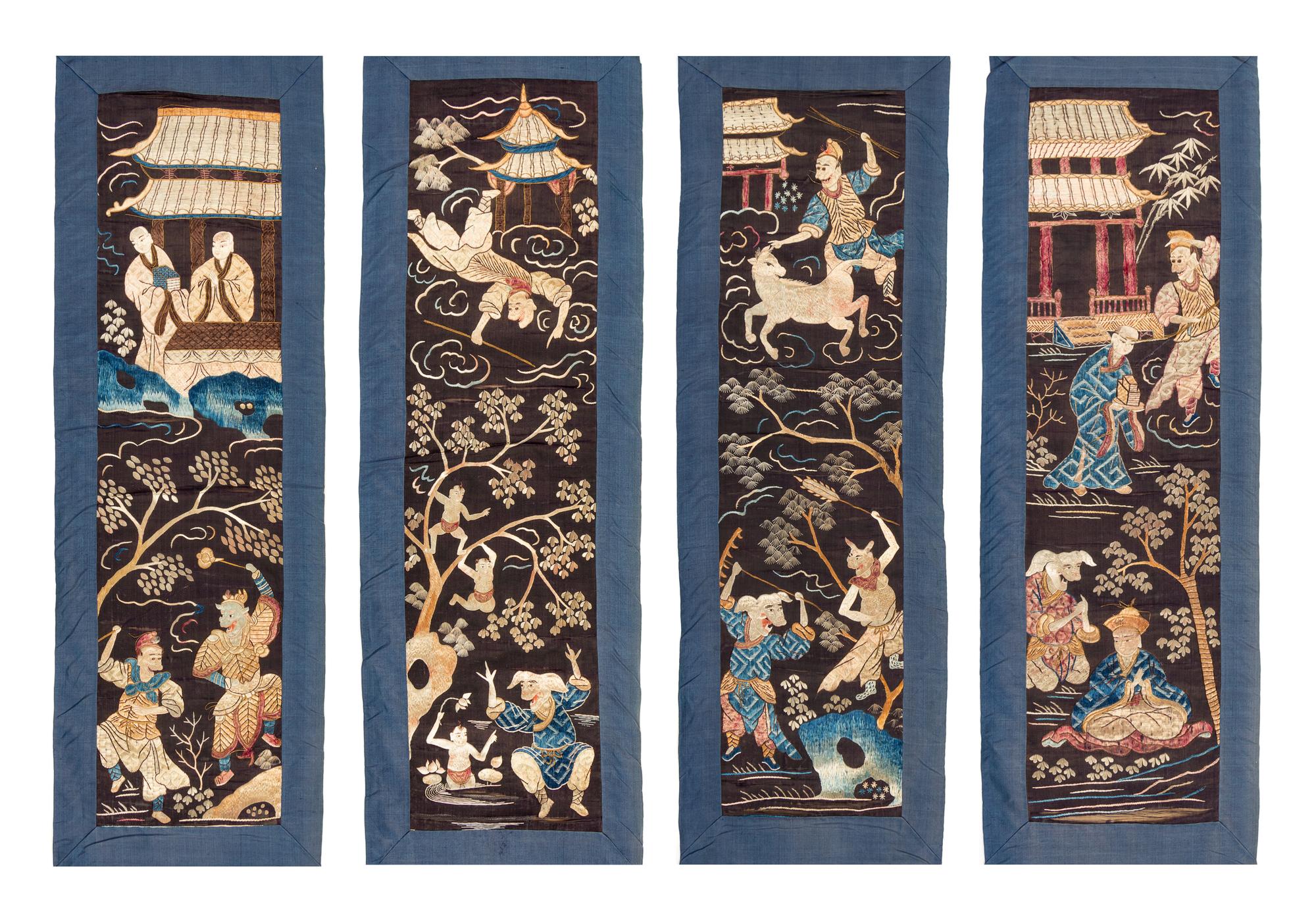 Four Chinese Embroidered Silk Panels 32 1/2 x 8 inches (each) — LATE QING DYNASTY
