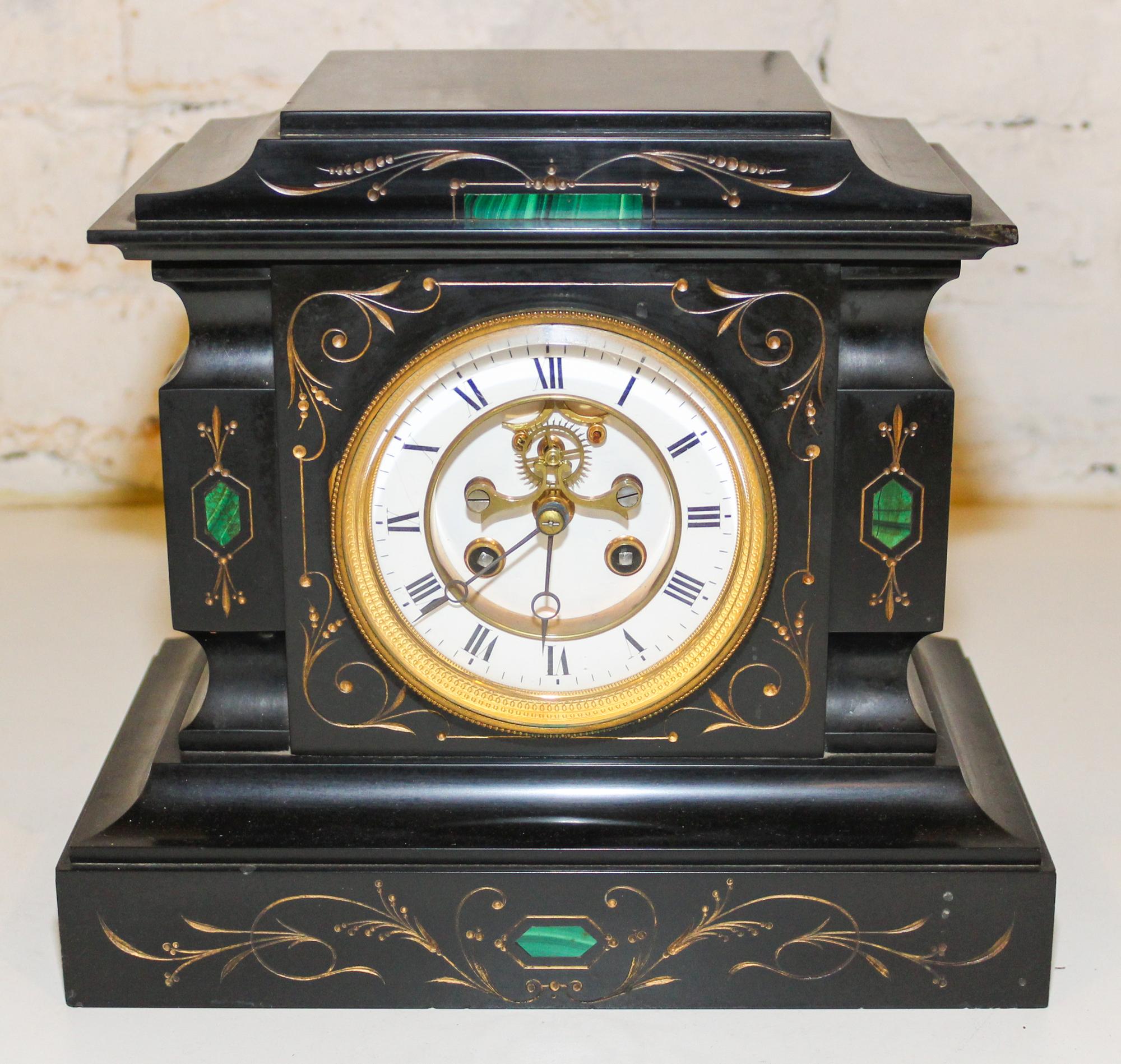 A Victorian Slate Mantle Clock Height 9 1/2 x width 10 3/8 inches. — 19TH/20TH CENTURY