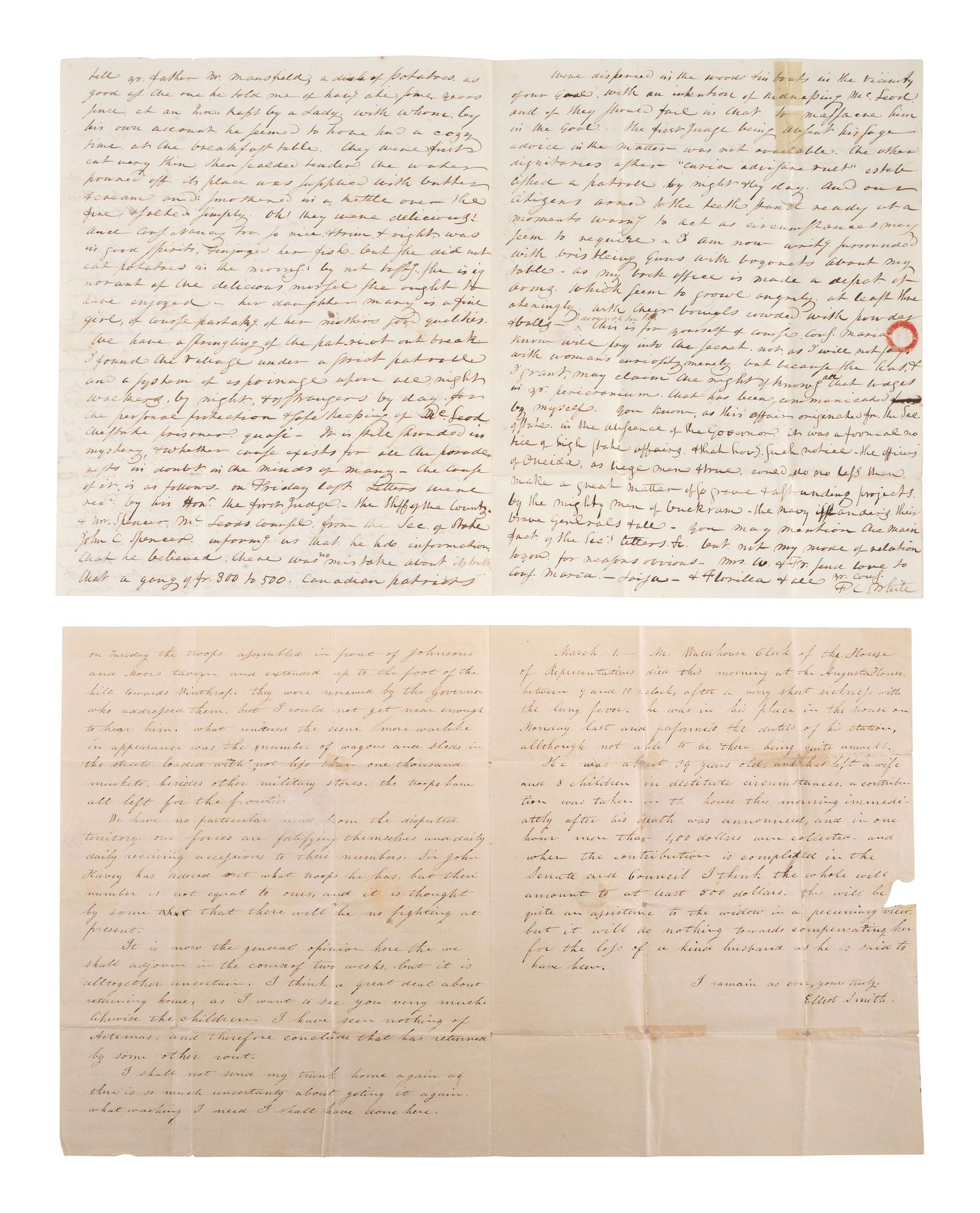 [AROOSTOOK WAR]. ALS written from Augusta, ME, February 1839. [ With: ] Additional ALS.