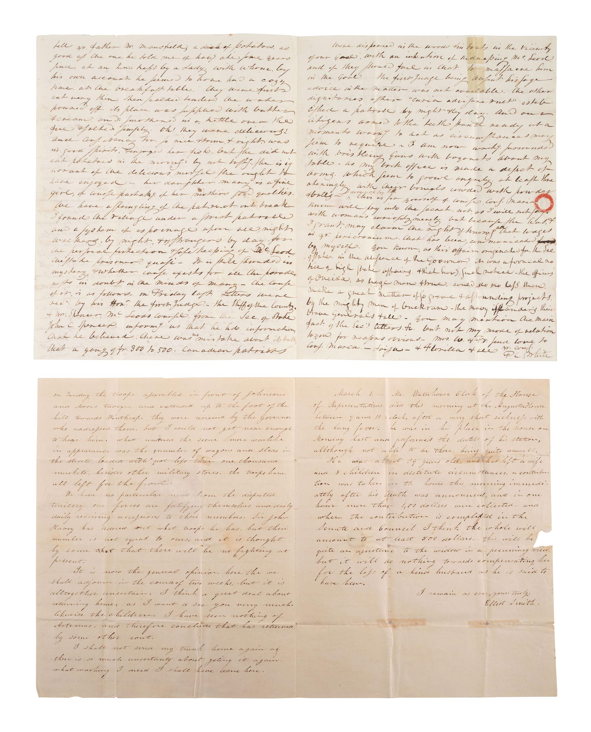[AROOSTOOK WAR]. ALS written from Augusta, ME, February 1839. [ With: ] Additional ALS.