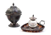 Two English Tortoise Shell and Silver Mounted Desk Articles, Height of taller 5 inches.