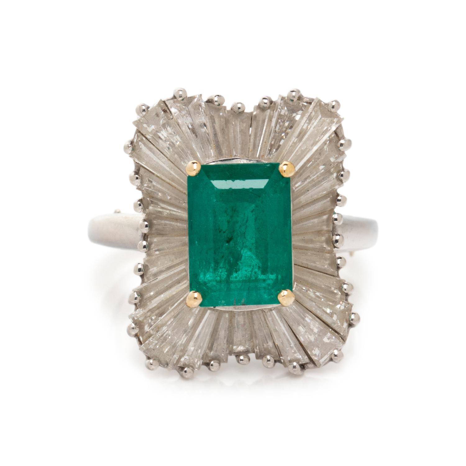 PLATINUM, EMERALD, AND DIAMOND BALLERINA RING