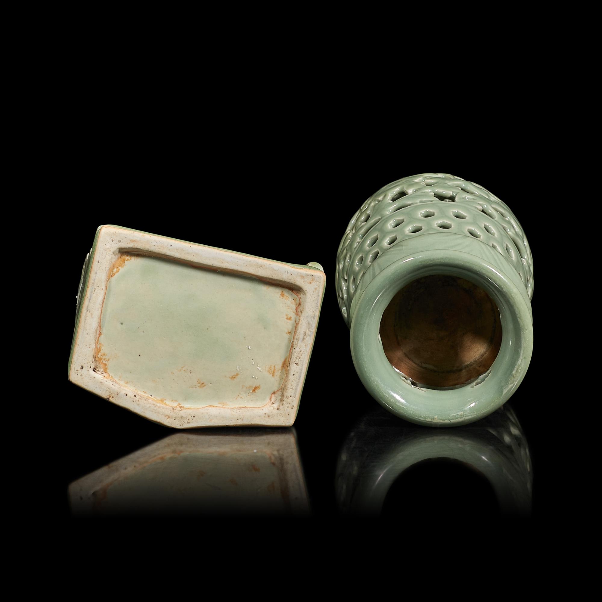 Two Chinese Celadon Glazed Porcelain Articles 豆青釉鏤雕花卉紋瓶及魁星點斗筆筒各一