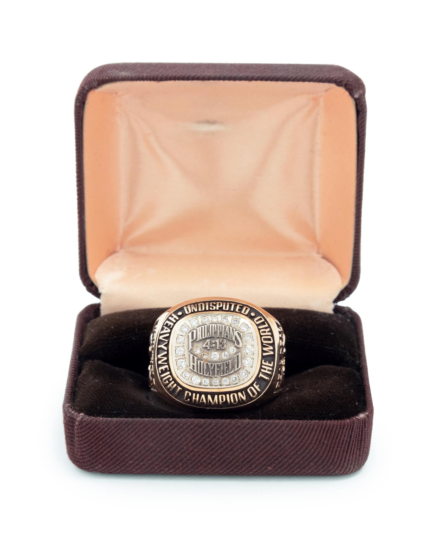 A Rare 1990 Evander Holyfield Team Issued Gold and Diamond Heavyweight Boxing Championship Ring Presented by Holyfield to Longtime Associate