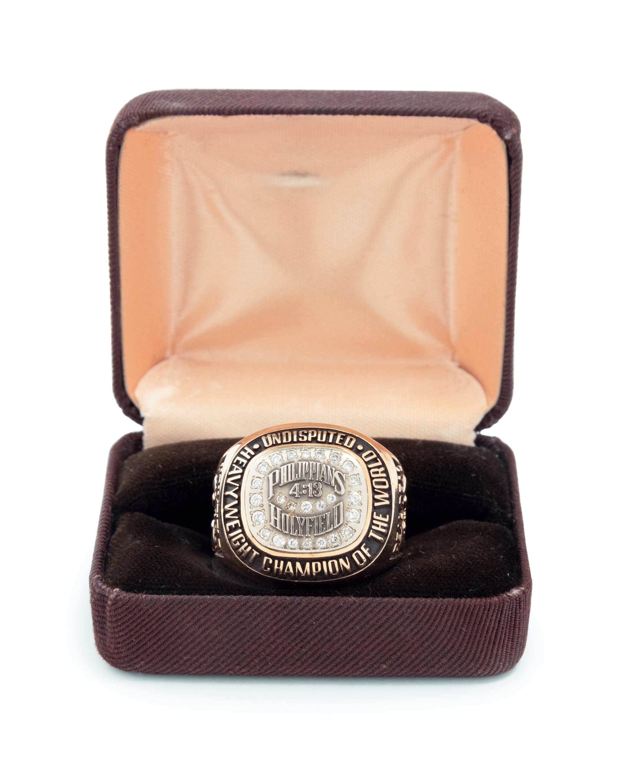 A Rare 1990 Evander Holyfield Team Issued Gold and Diamond Heavyweight Boxing Championship Ring Presented by Holyfield to Longtime Associate