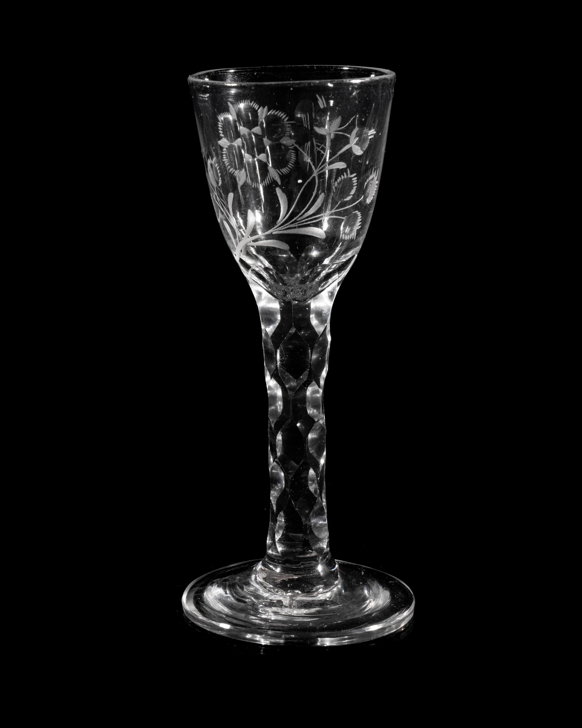 A Jacobite Engraved and Facet Cut Wine Glass