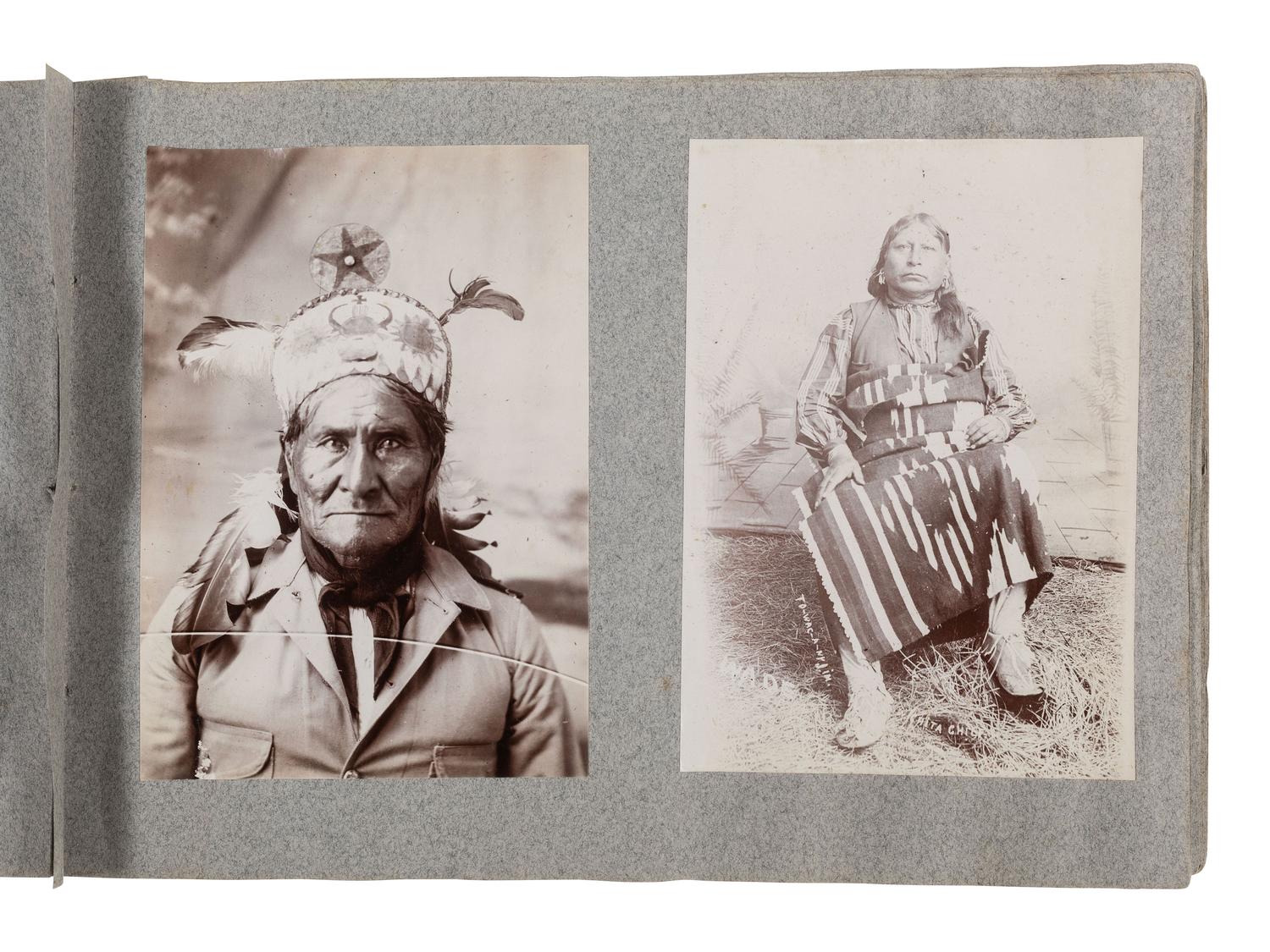[NATIVE AMERICANS]. Album containing 25 photographs of Native American subjects from Indian Territory, incl. 2 images of Geronimo and works by Lenny & Sawyer and Will Soule.
