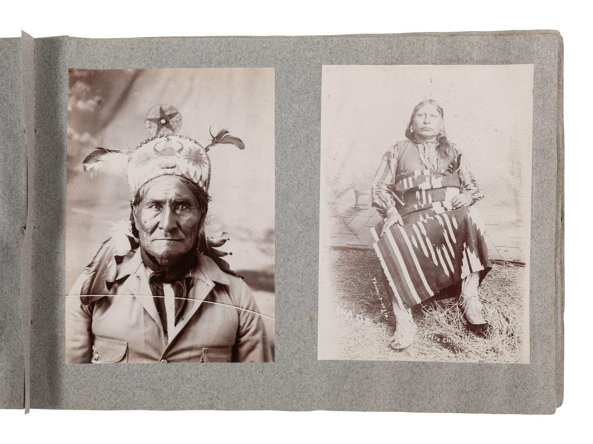 [NATIVE AMERICANS]. Album containing 25 photographs of Native American subjects from Indian Territory, incl. 2 images of Geronimo and works by Lenny & Sawyer and Will Soule.