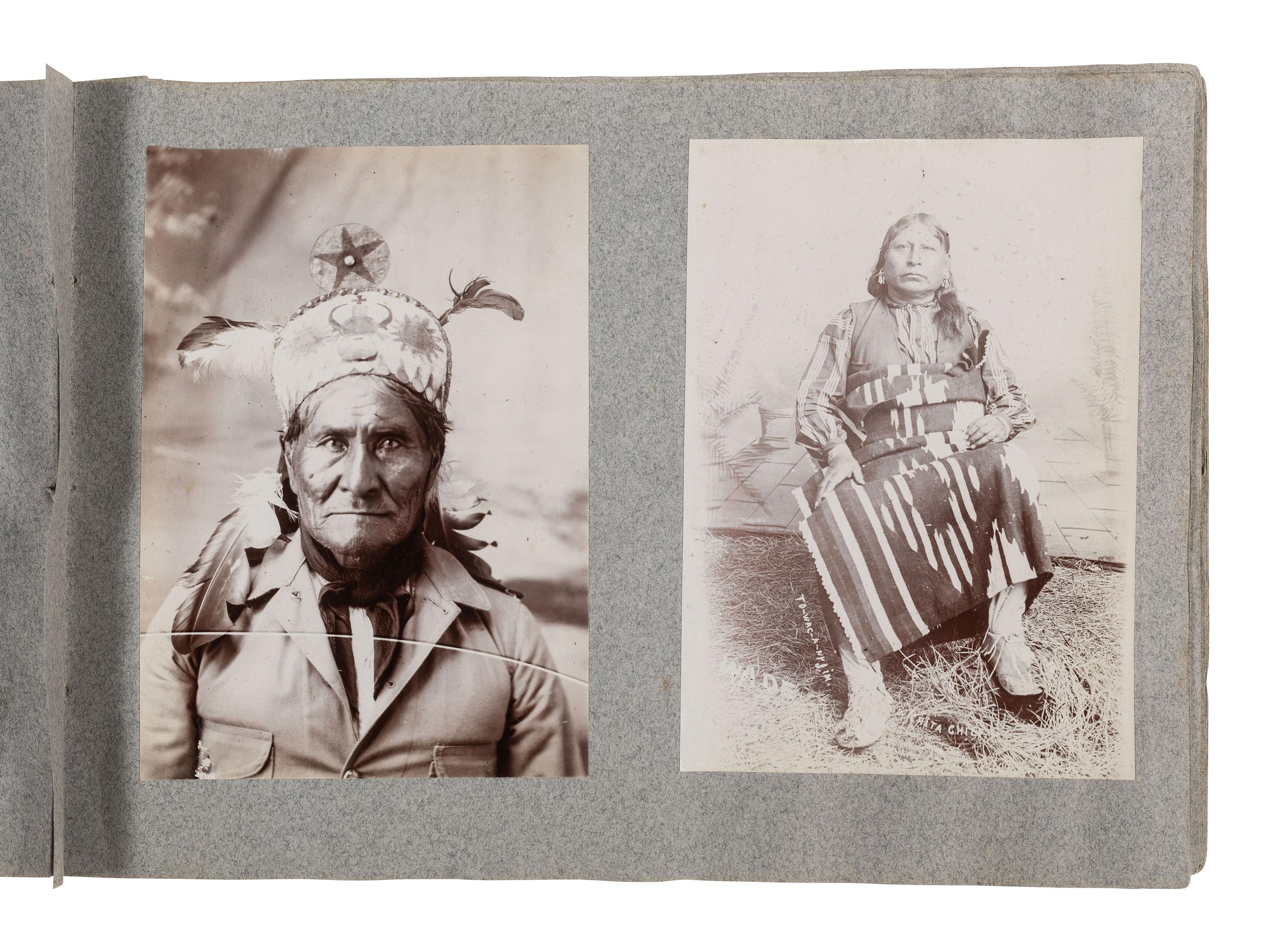 [NATIVE AMERICANS]. Album containing 25 photographs of Native American subjects from Indian Territory, incl. 2 images of Geronimo and works by Lenny & Sawyer and Will Soule.