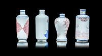 Four Chinese Copper Red Decorated Blue and White Snuff Bottles