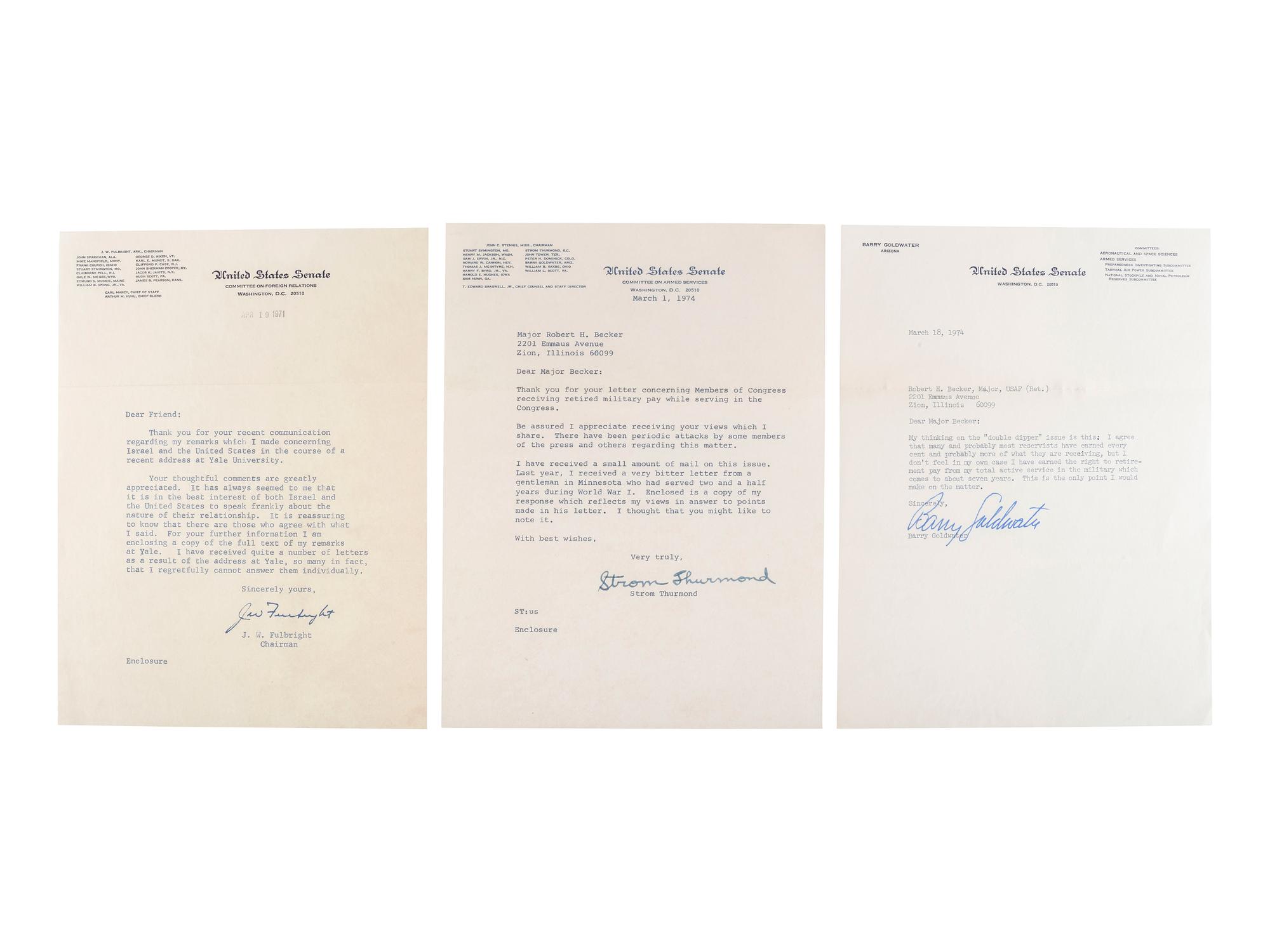 [POLITICS]. Political correspondence archive relating to important 1960s and 1970s issues and addressed to Major Robert H. Becker (1924-2014), USAF Retired.
