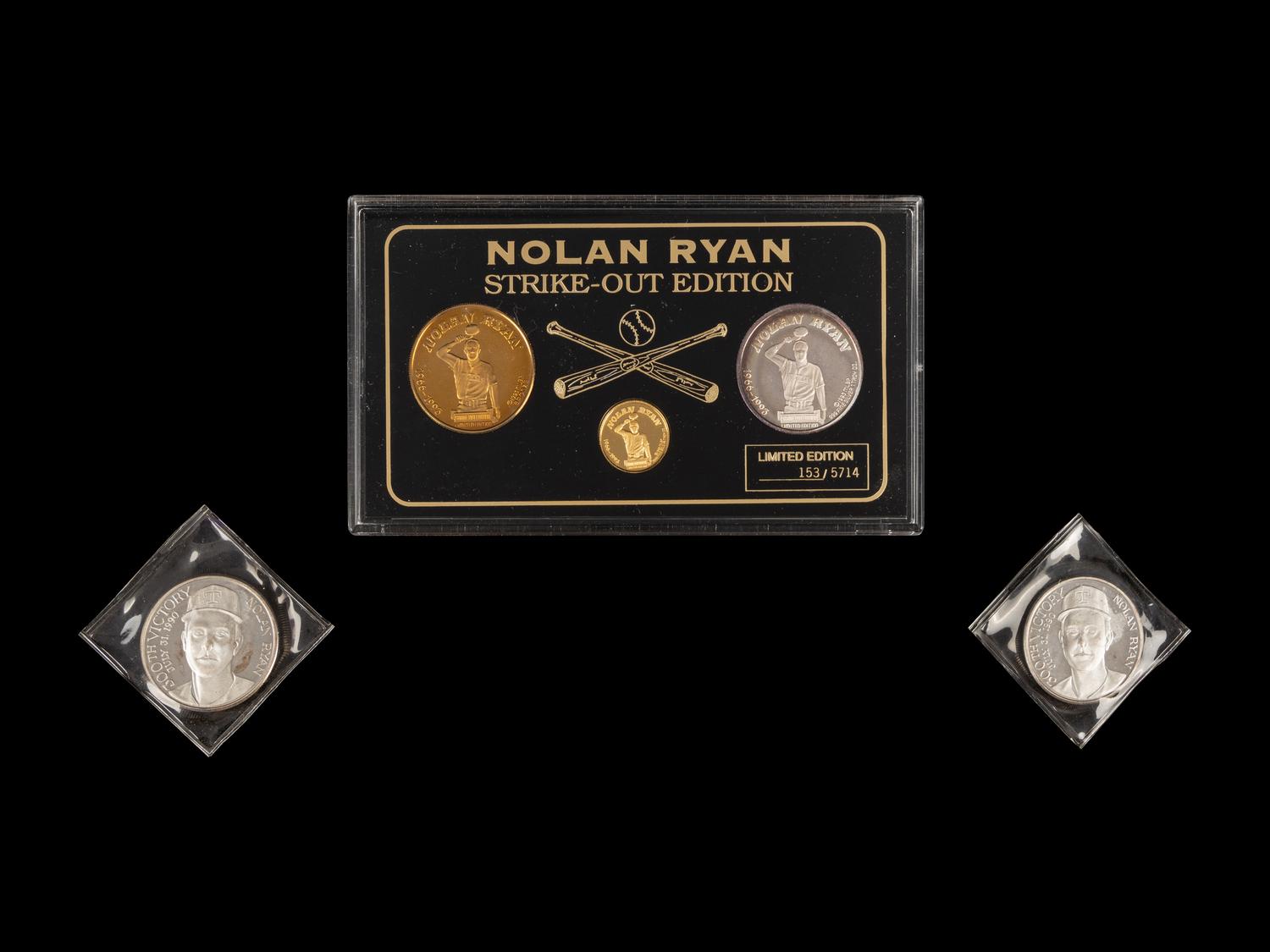 A Group of Nolan Ryan Enviromint Commemorative Coins Including One Quarter Troy Ounce .9999 Gold Coin,