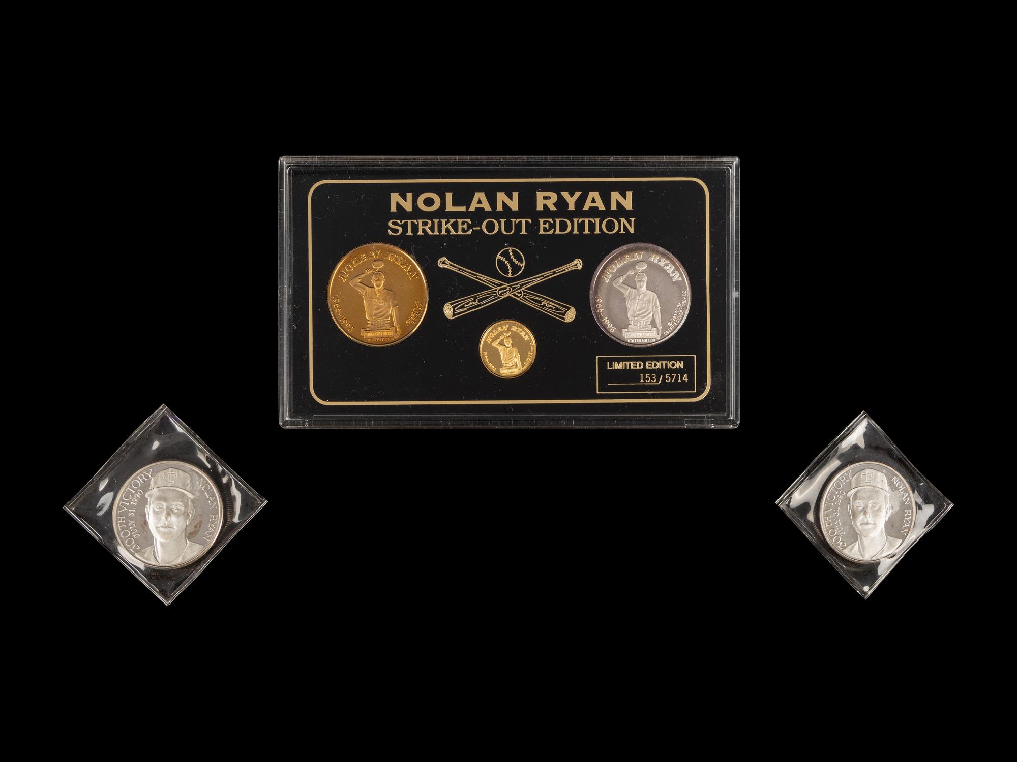 A Group of Nolan Ryan Enviromint Commemorative Coins Including One Quarter Troy Ounce .9999 Gold Coin,