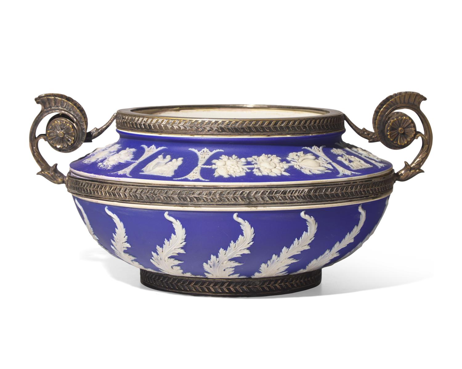 A Wedgwood Dark Blue and White Jasperware Twin-Handled Silver-Mounted Centerpiece Bowl