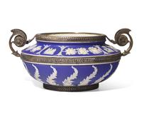 A Wedgwood Dark Blue and White Jasperware Twin-Handled Silver-Mounted Centerpiece Bowl