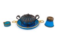 A Group of Four Metal Mounted Blue Opaline Glass Articles — 19TH/20TH CENTURY