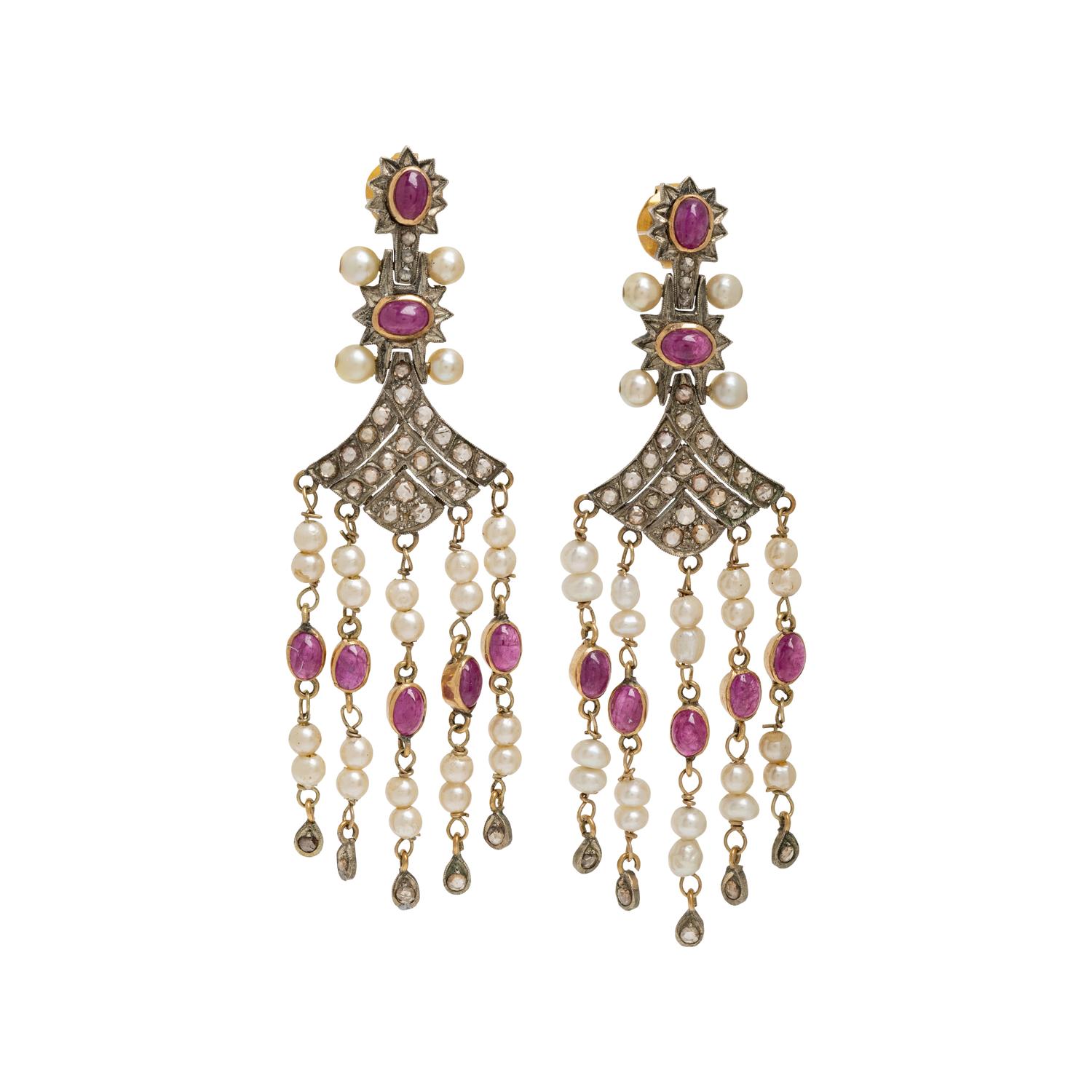 RUBY, DIAMOND AND CULTURED PEARL CHANDELIER EARRINGS