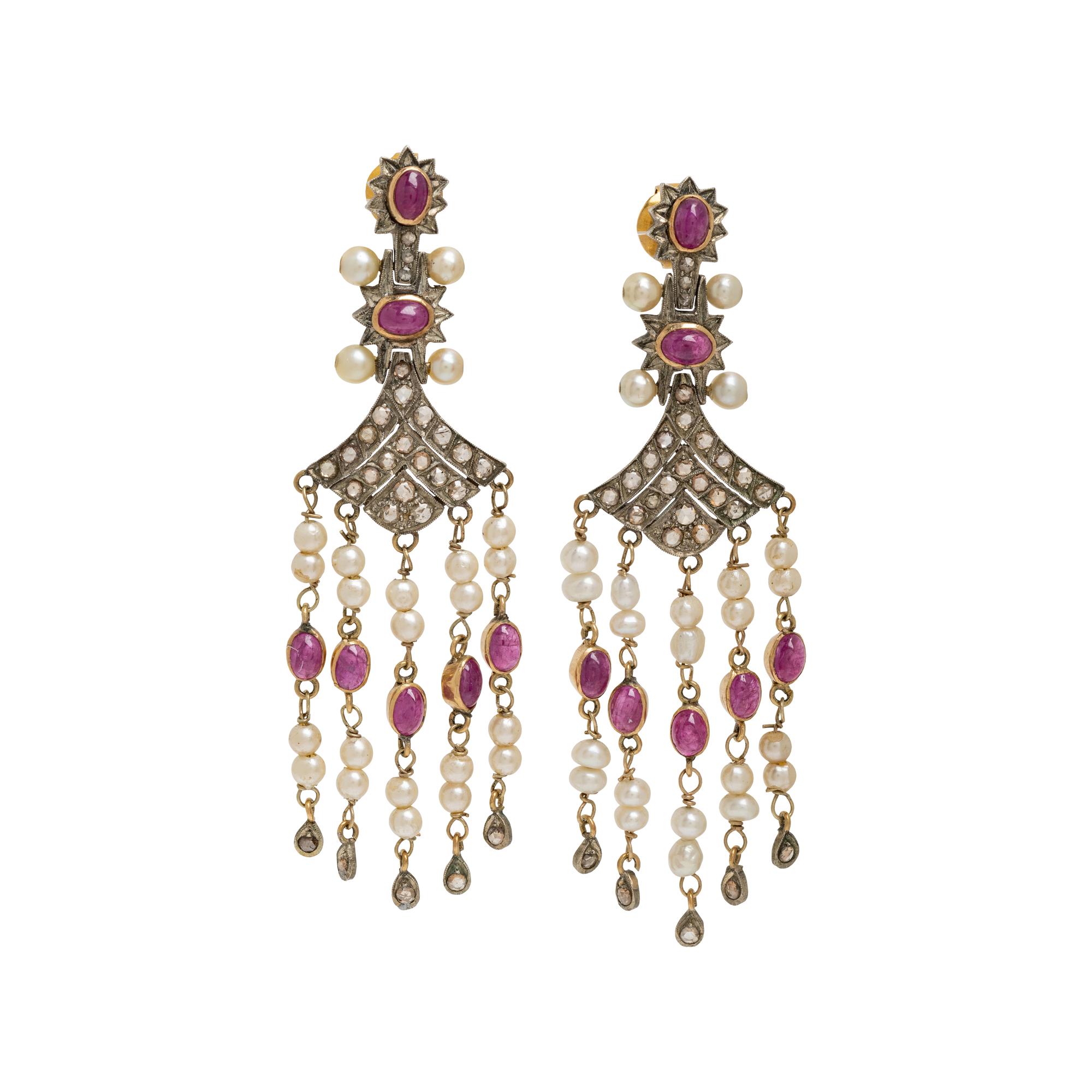 RUBY, DIAMOND AND CULTURED PEARL CHANDELIER EARRINGS