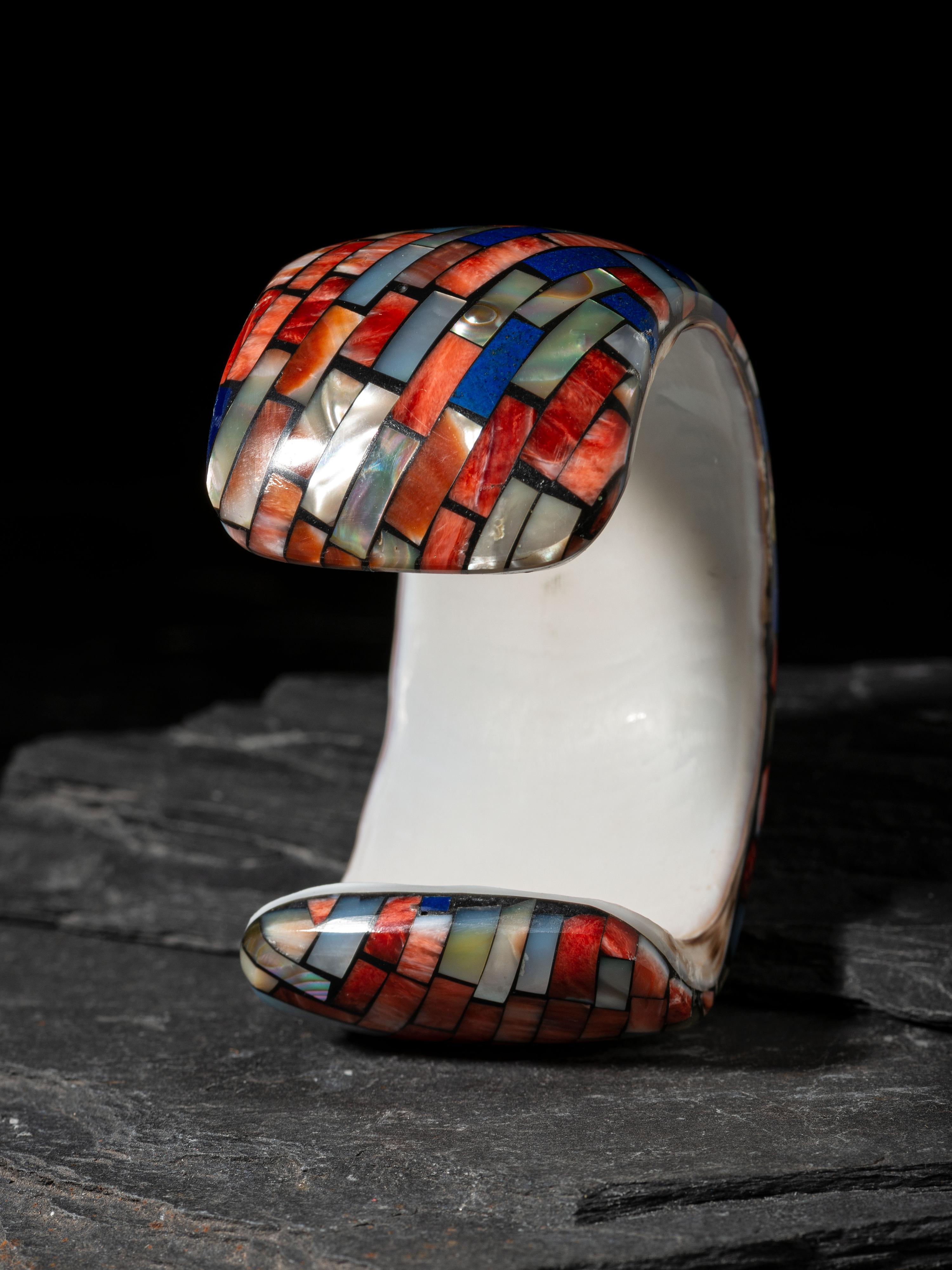 Lapis and Spiny Oyster Mosaic Inlay Cuff Bracelet