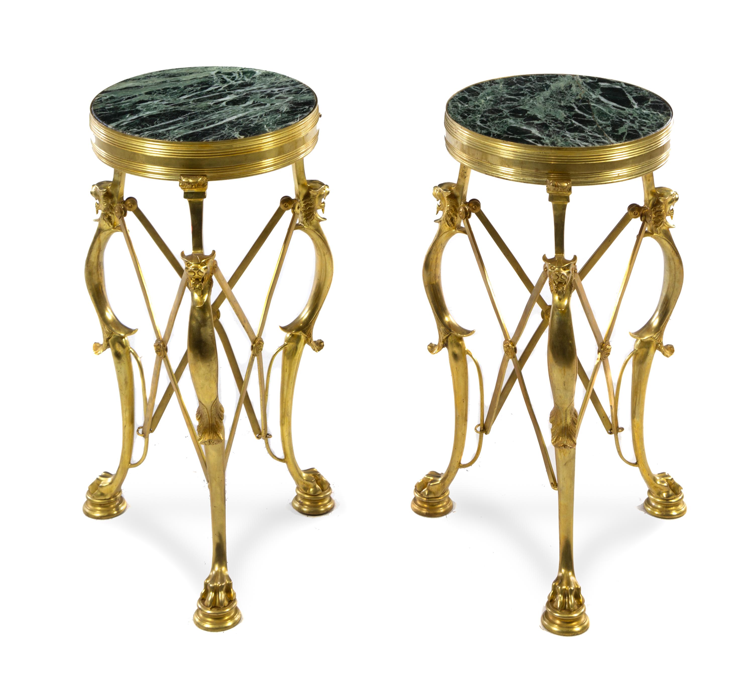 A Pair of Neoclassical Style Gilt Bronze Gueridons Height 26 3/4 x diameter of top 12 5/8 inches. — FIRST HALF 20TH CENTURY