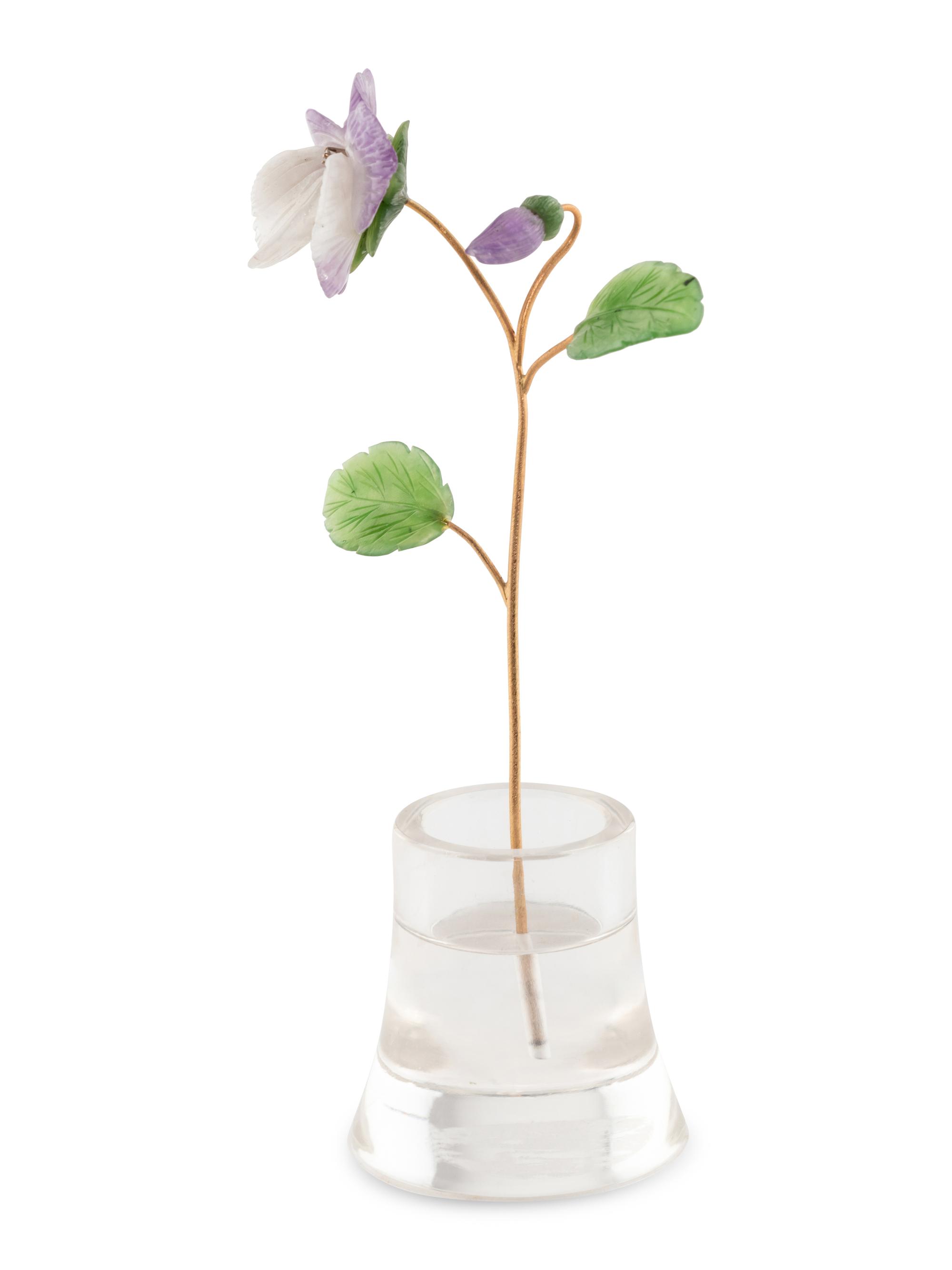 A Diamond-Mounted Carved Rock Crystal, Nephrite, Amethyst and 18-Karat Gold Pansy Flower Study