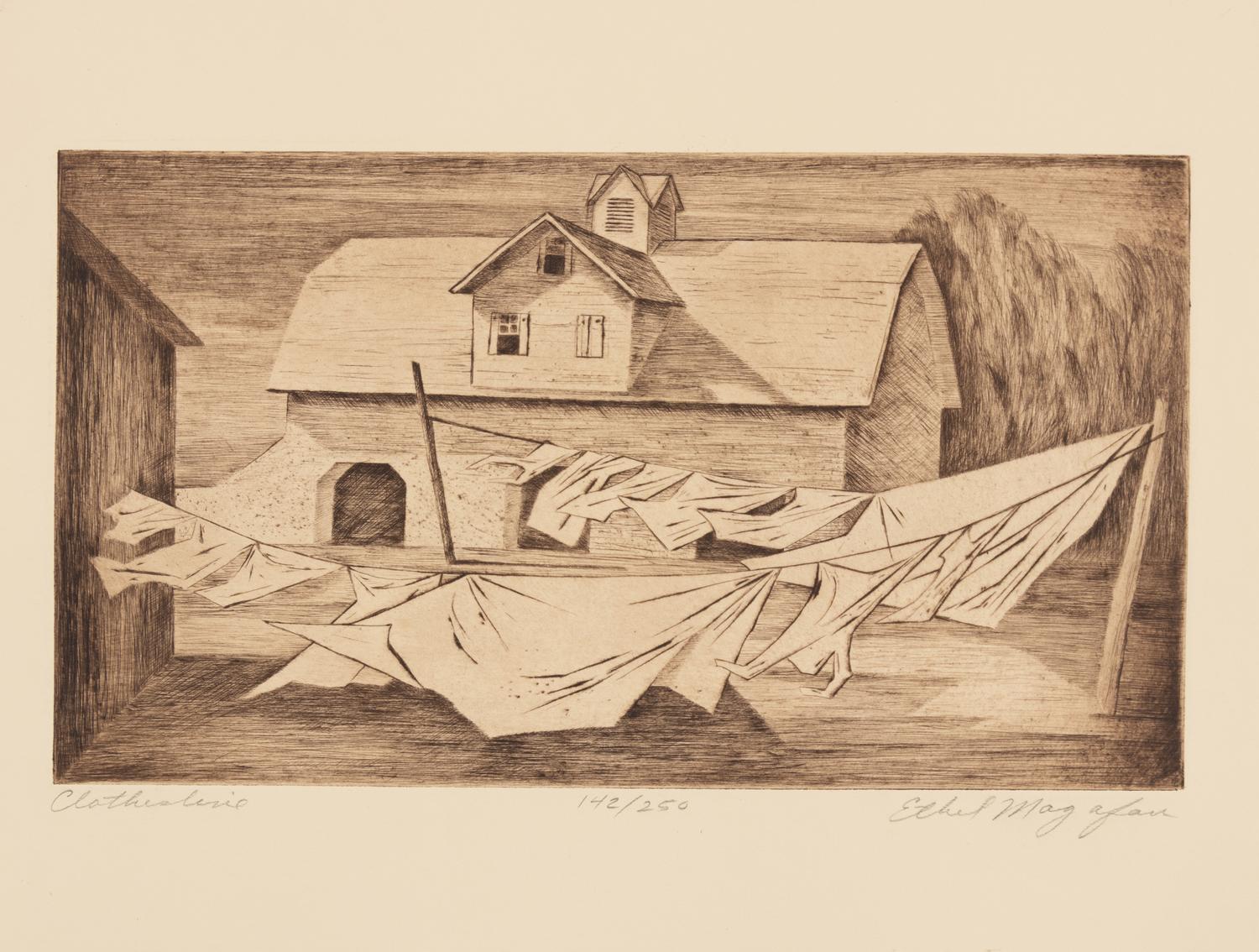 A group of five American prints (Max Arthur Cohn, Fisherman ; Steven Dohanos, The Postman ; Mina Benz Hoffman, The Immigrant ; Charles Wheele Locke, Brooklyn Wharf ; Ethel Magafan, Clothesline )