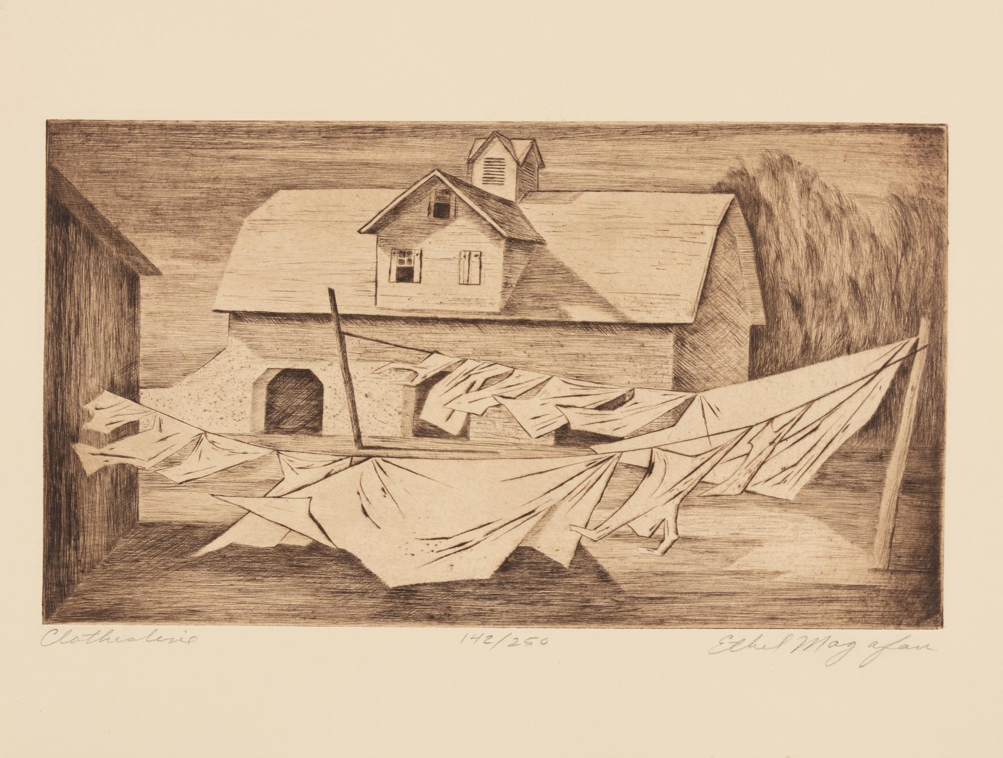 A group of five American prints (Max Arthur Cohn, Fisherman ; Steven Dohanos, The Postman ; Mina Benz Hoffman, The Immigrant ; Charles Wheele Locke, Brooklyn Wharf ; Ethel Magafan, Clothesline )