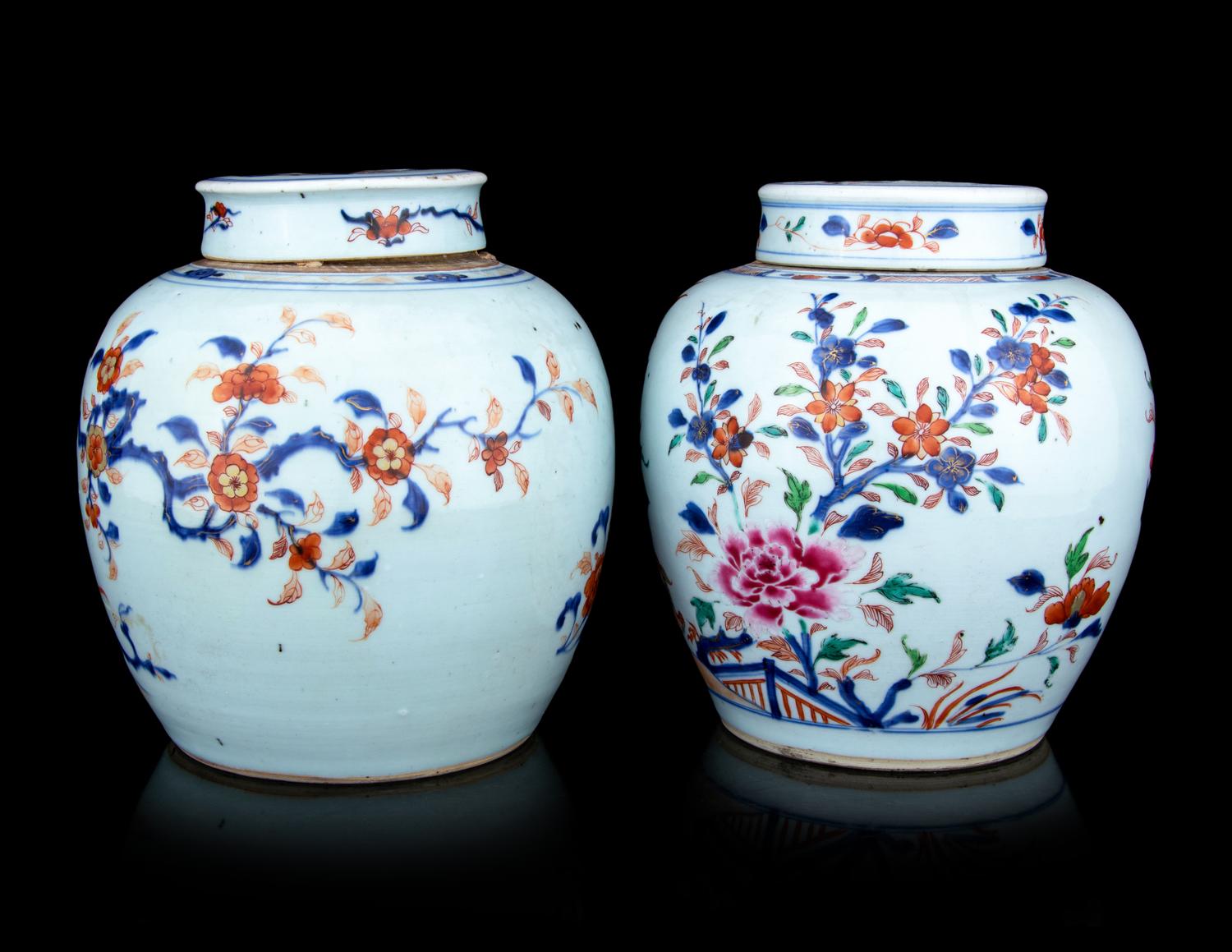 A Pair of Chinese Export Imari and Famille Rose Porcelain Covered Jars and a Flori-Form Plate