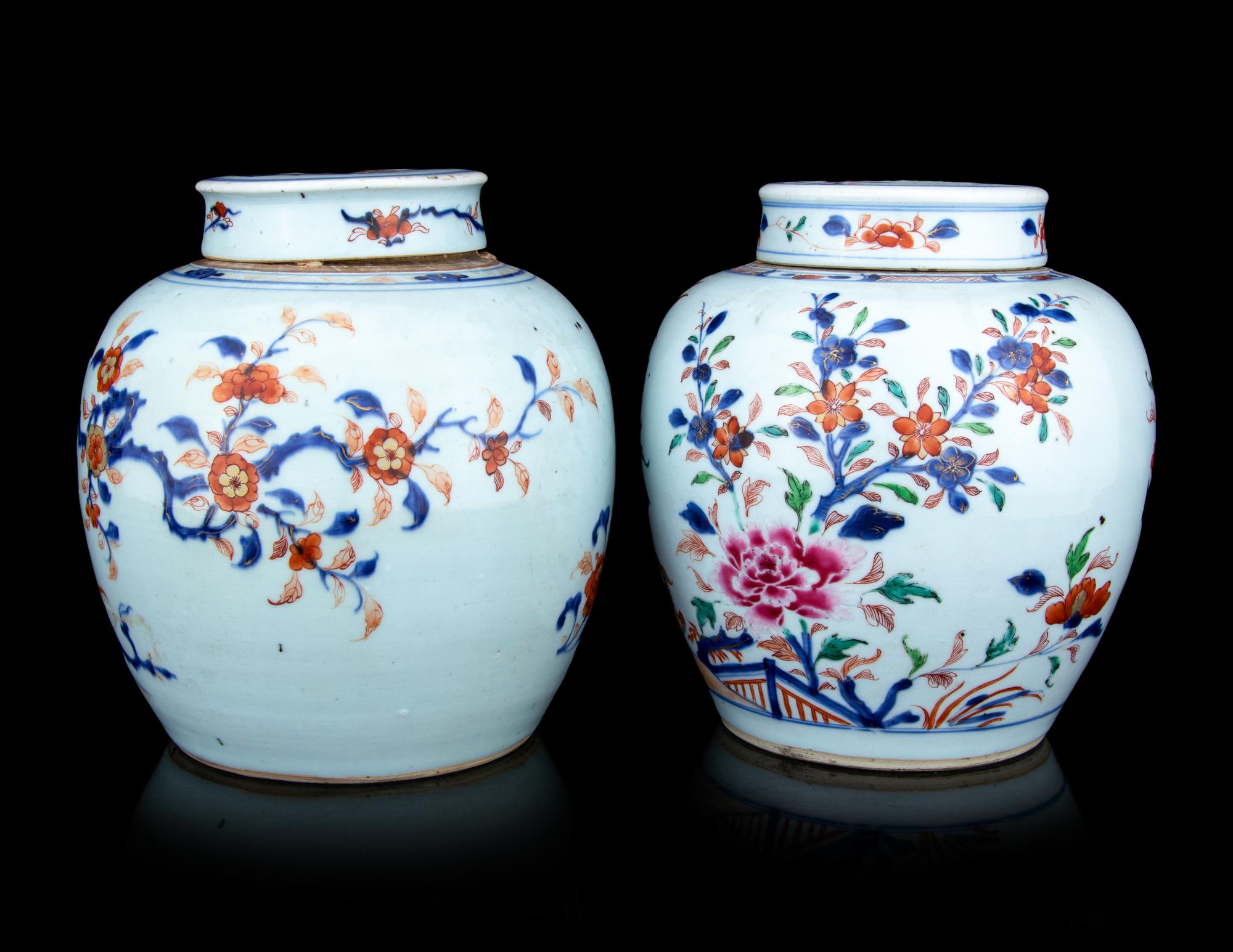 A Pair of Chinese Export Imari and Famille Rose Porcelain Covered Jars and a Flori-Form Plate