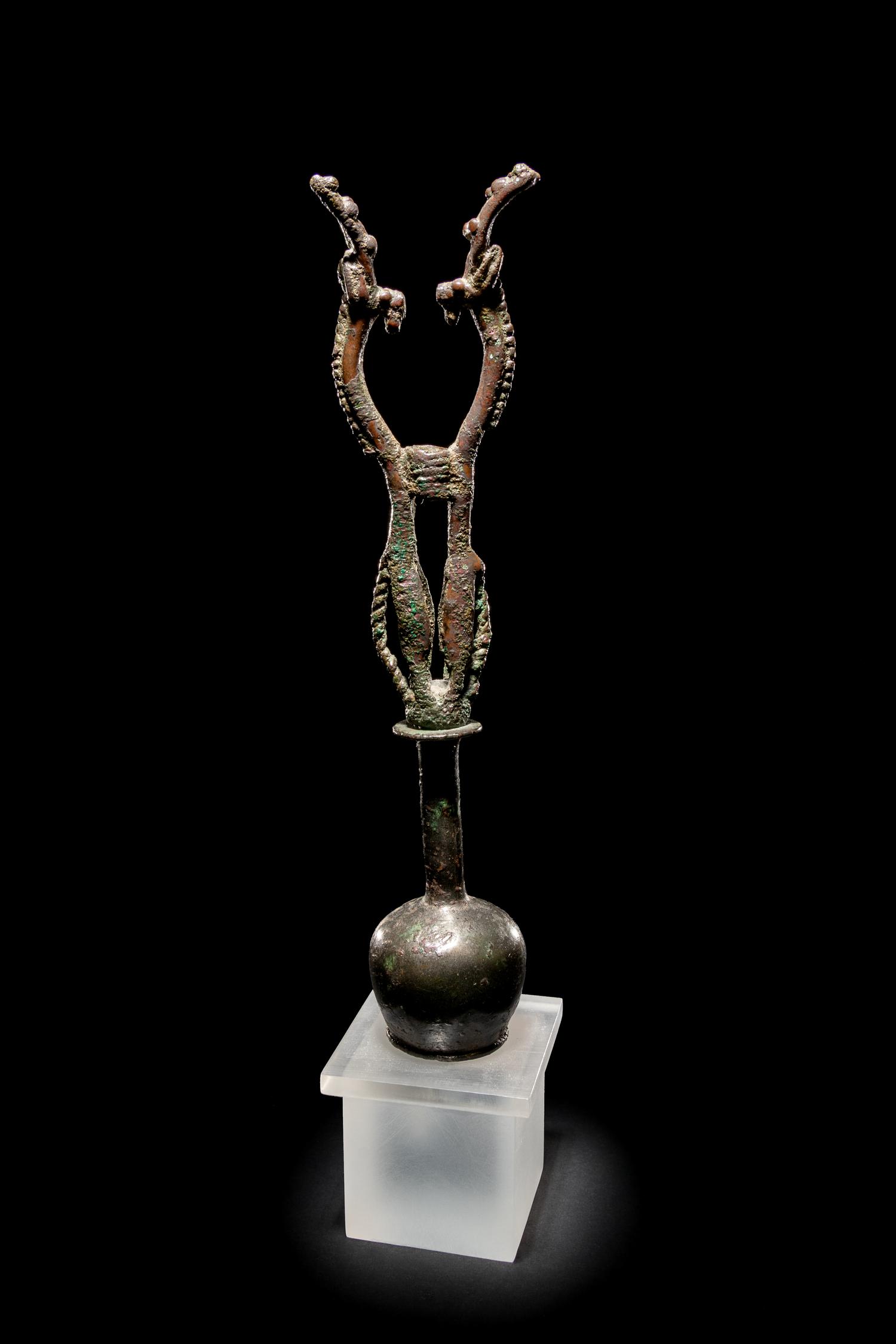A Luristan Bronze Standard Finial with Two Ibexes