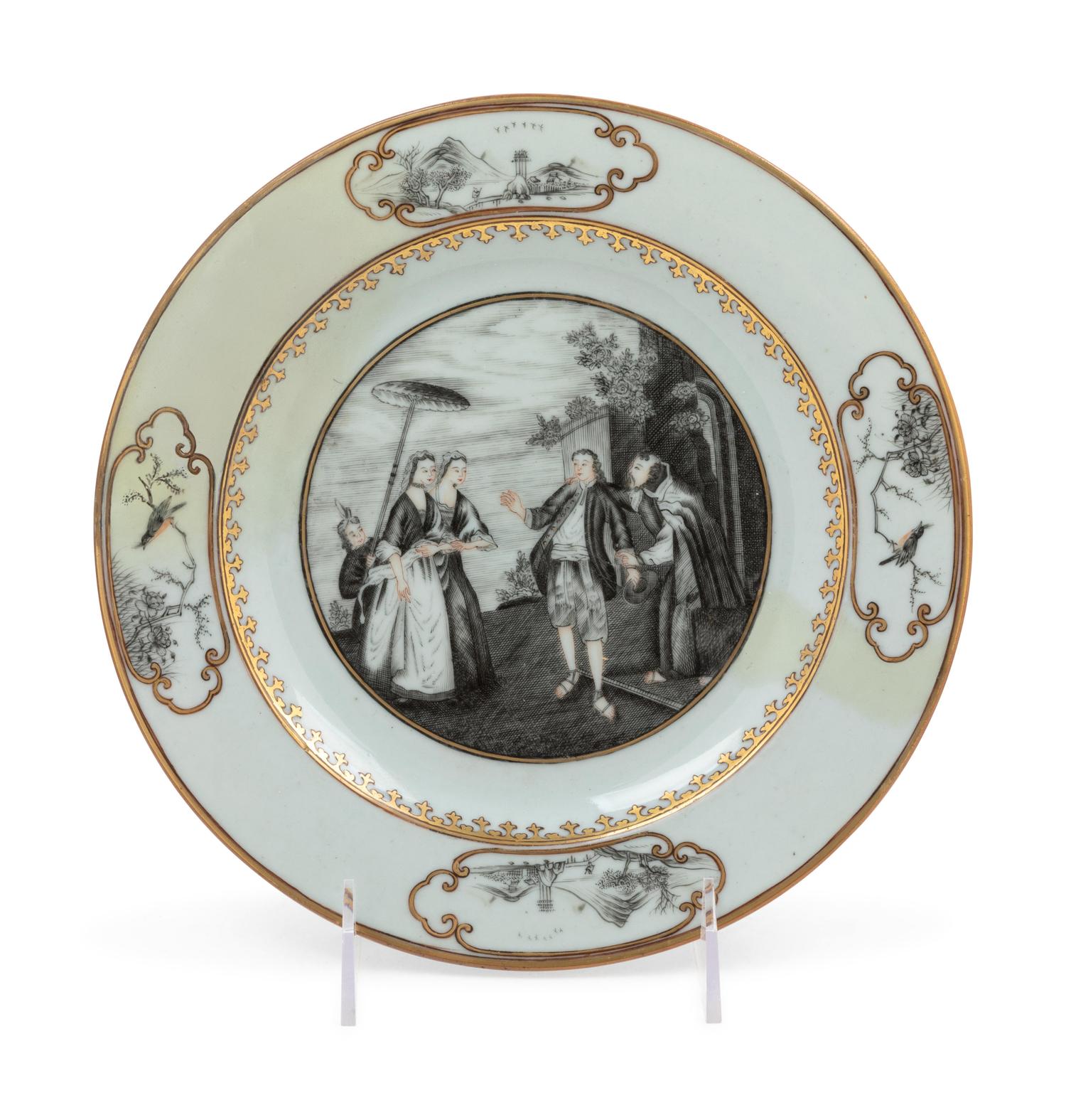 A Chinese Export Gilt and Grisaille Porcelain European Subject Plate