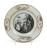 A Chinese Export Gilt and Grisaille Porcelain European Subject Plate