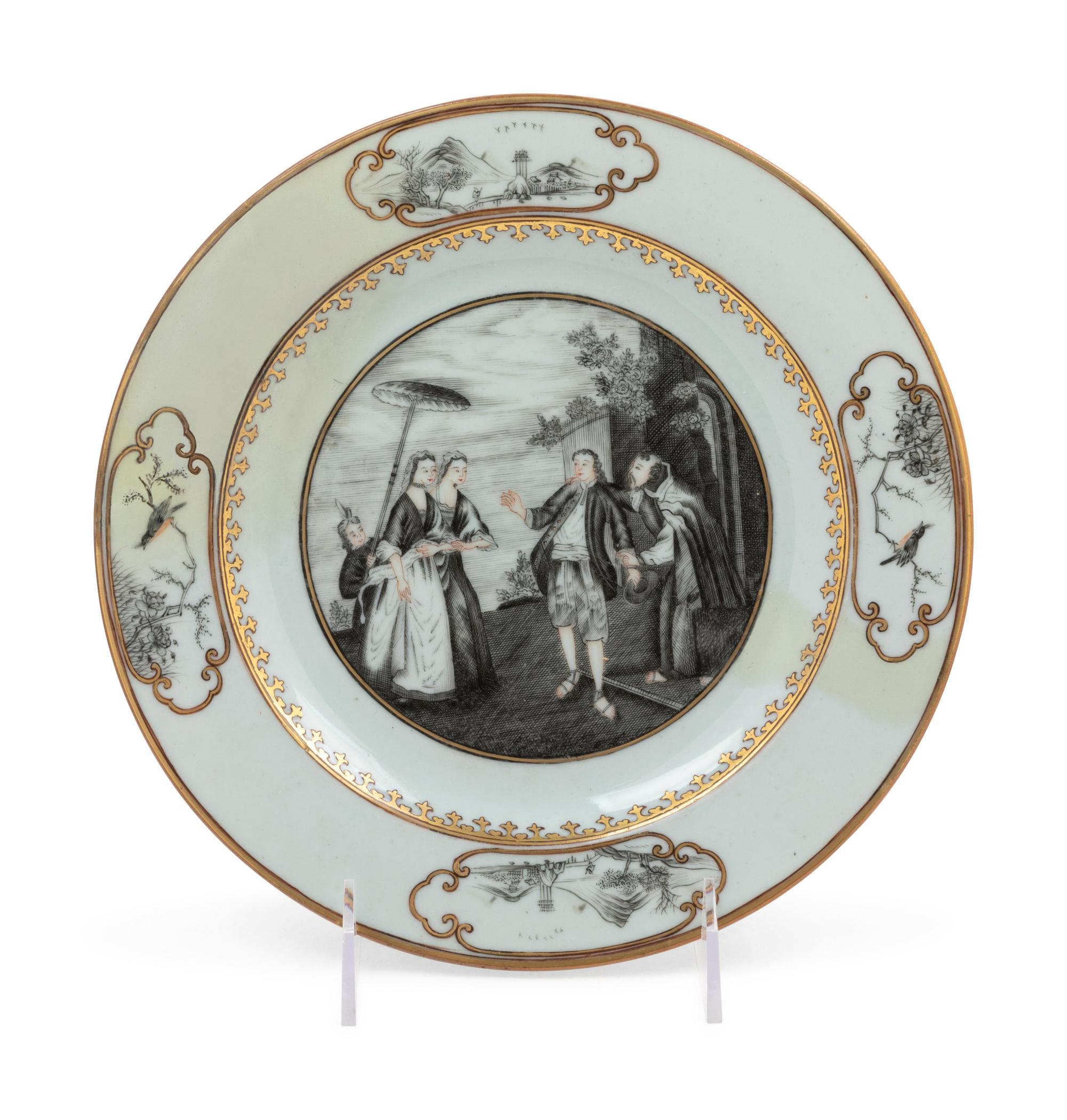 A Chinese Export Gilt and Grisaille Porcelain European Subject Plate