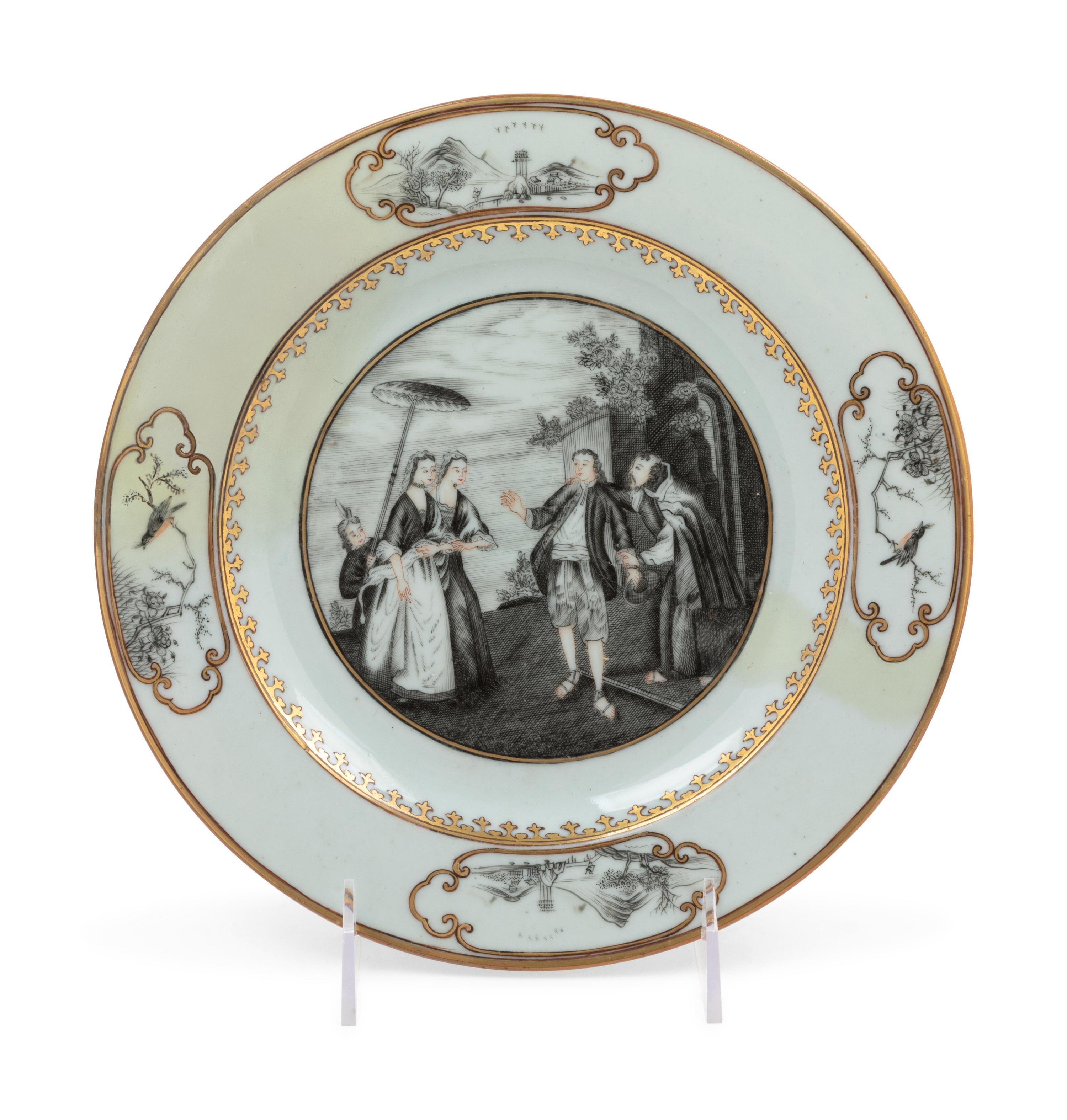 A Chinese Export Gilt and Grisaille Porcelain European Subject Plate