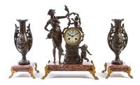 A Continental Patinated Metal and Marble Clock Garniture, Height of clock 16 inches.