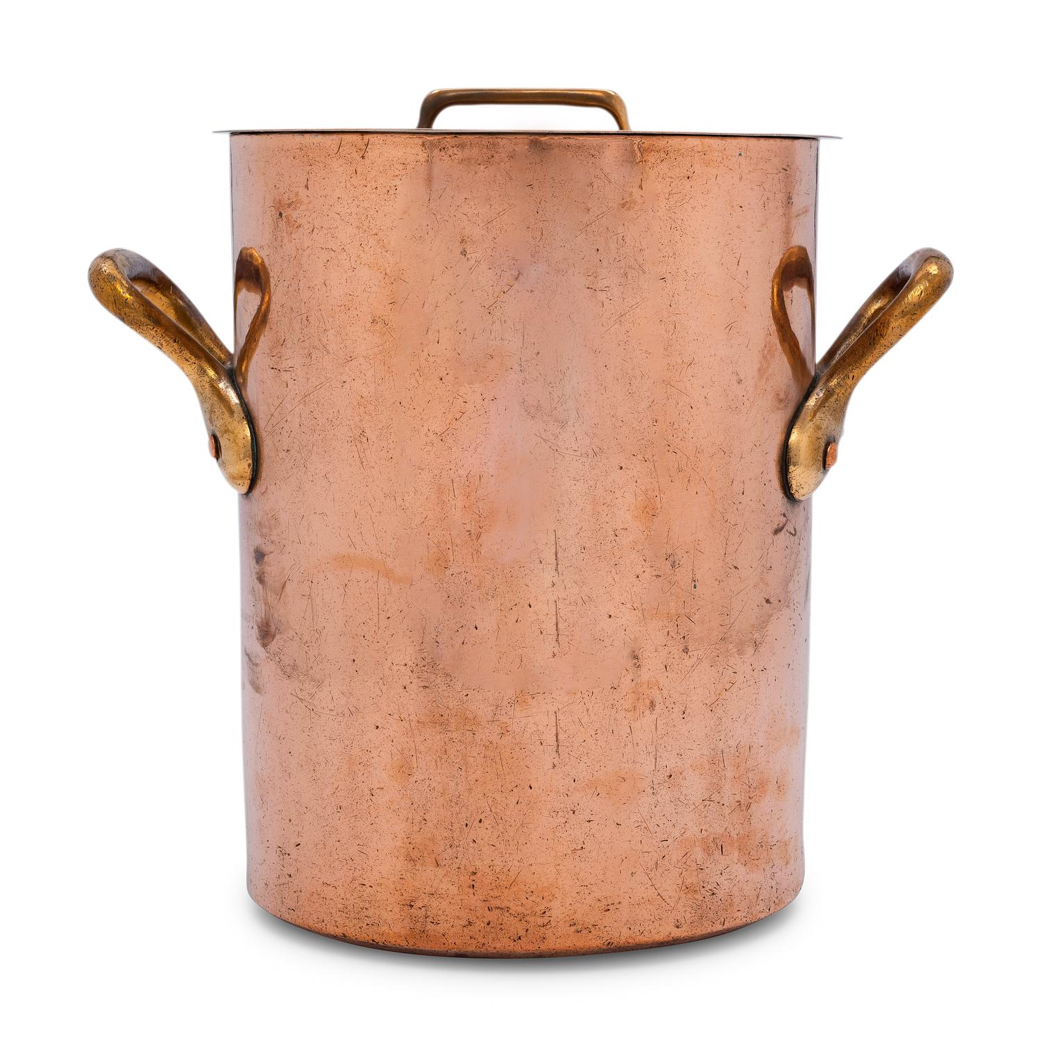 A French Copper Stock Pot with Cover and Brass Handles