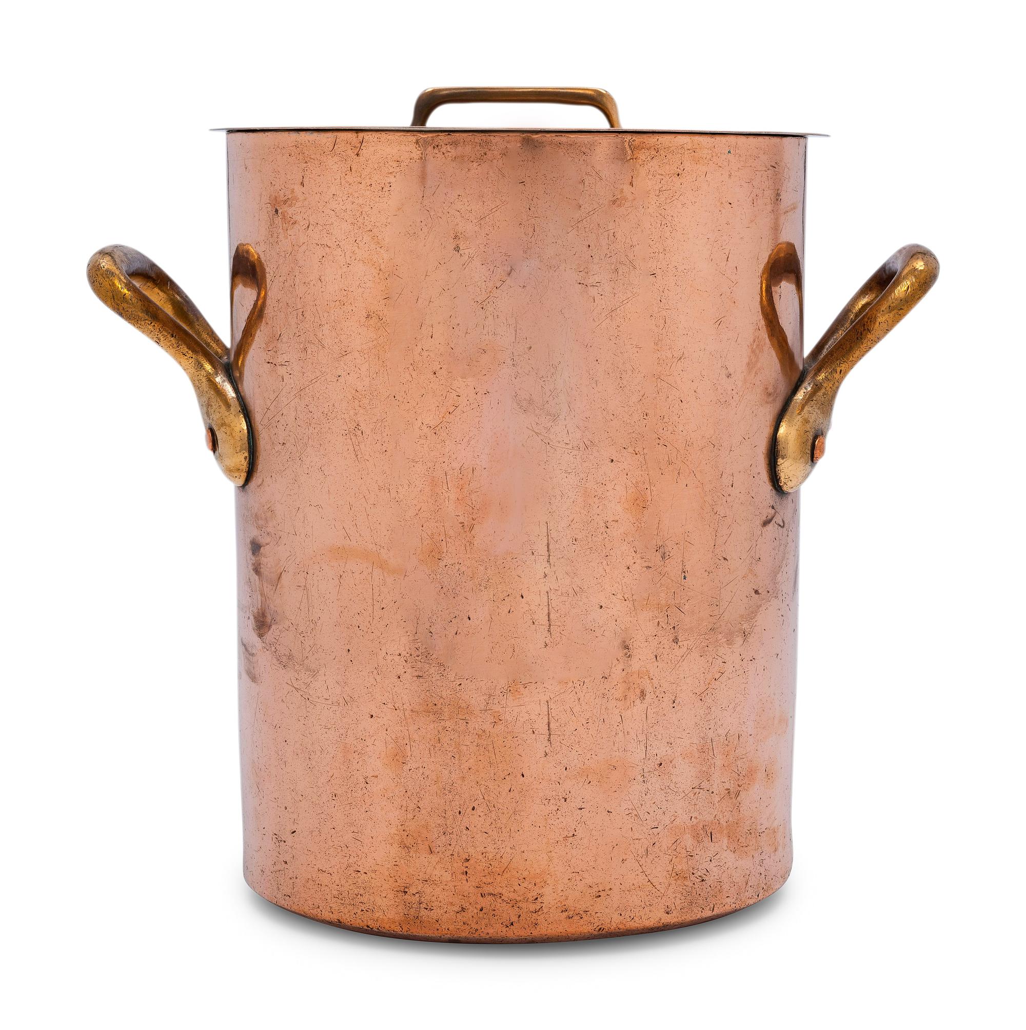 A French Copper Stock Pot with Cover and Brass Handles
