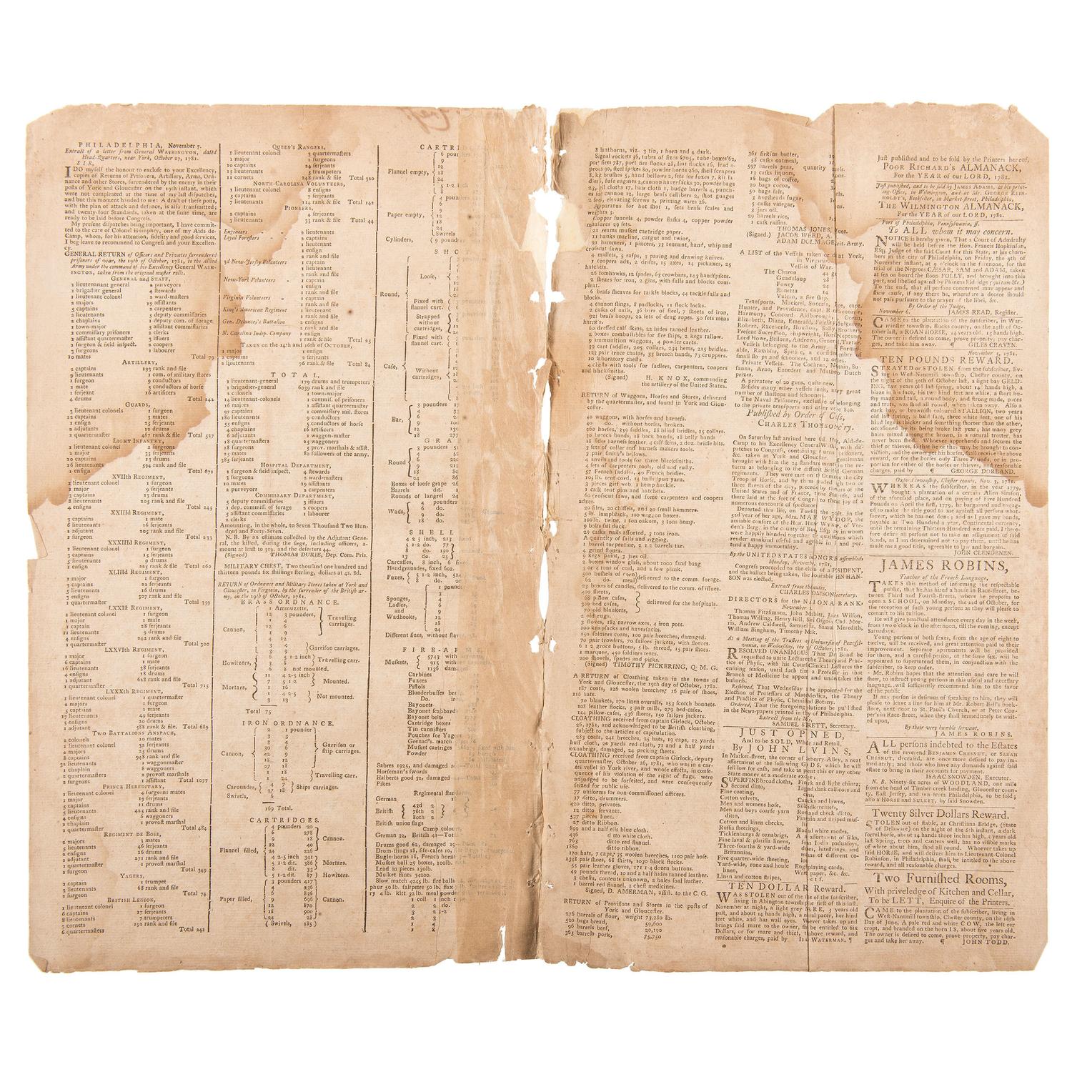 Battle of Yorktown and General Cornwallis' Surrender Covered in the Pennsylvania Gazette and Weekly Advertiser , 1781