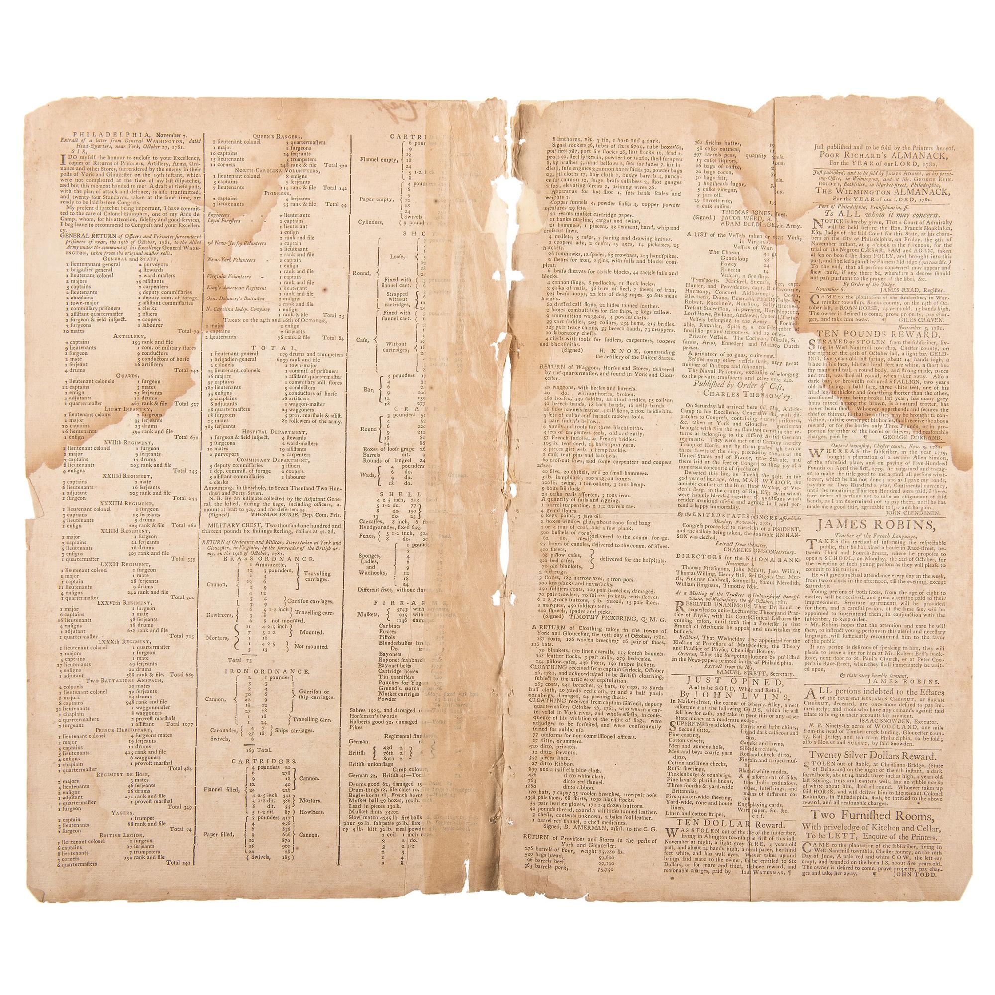 Battle of Yorktown and General Cornwallis' Surrender Covered in the Pennsylvania Gazette and Weekly Advertiser , 1781