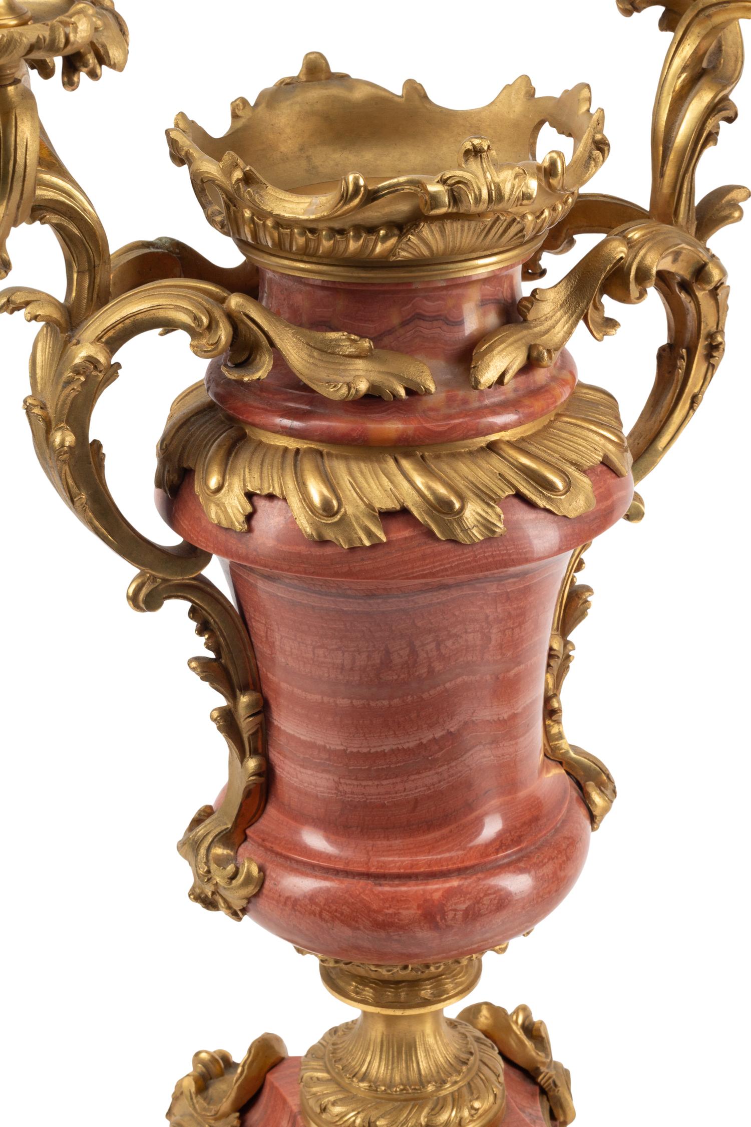 A Pair of French Gilt Bronze and Marble Candelabra